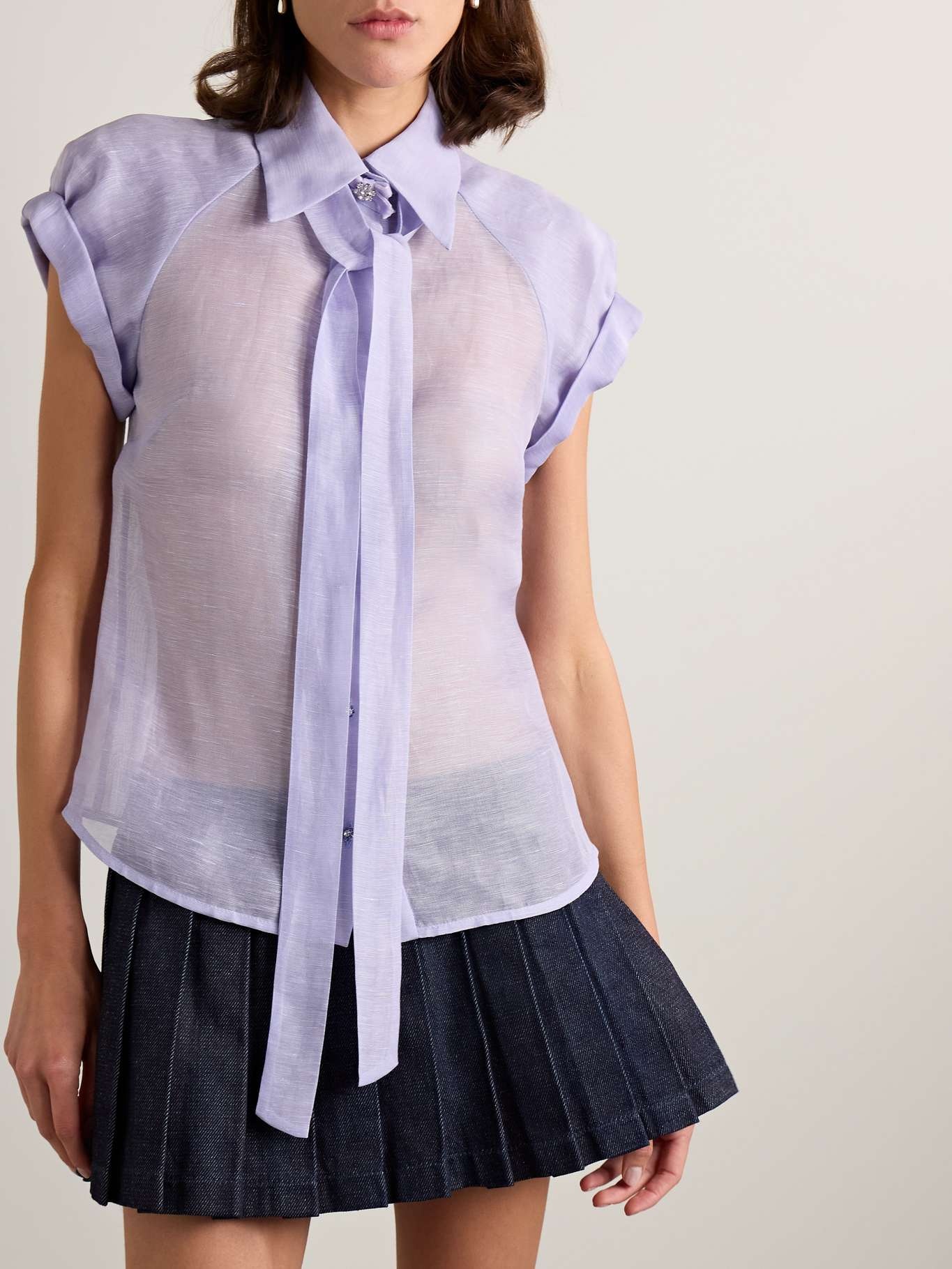 Crush pussy-bow crystal-embellished linen and silk-blend organza shirt - 3