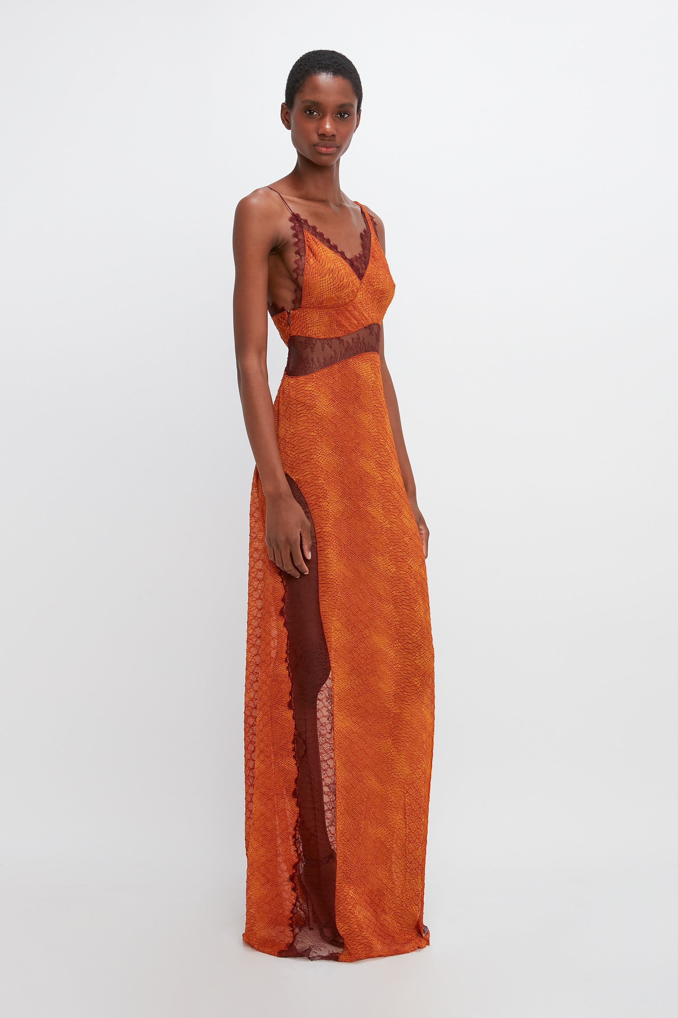 Victoria Beckham Lace Detail Floor Length Cami Dress in Orange Snake