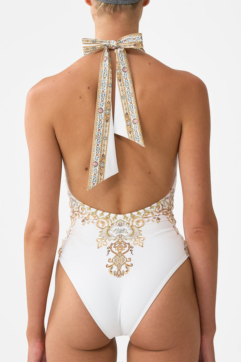 PLUNGE HALTER ONE PIECE WITH PLEATED WAIST TRIM 6