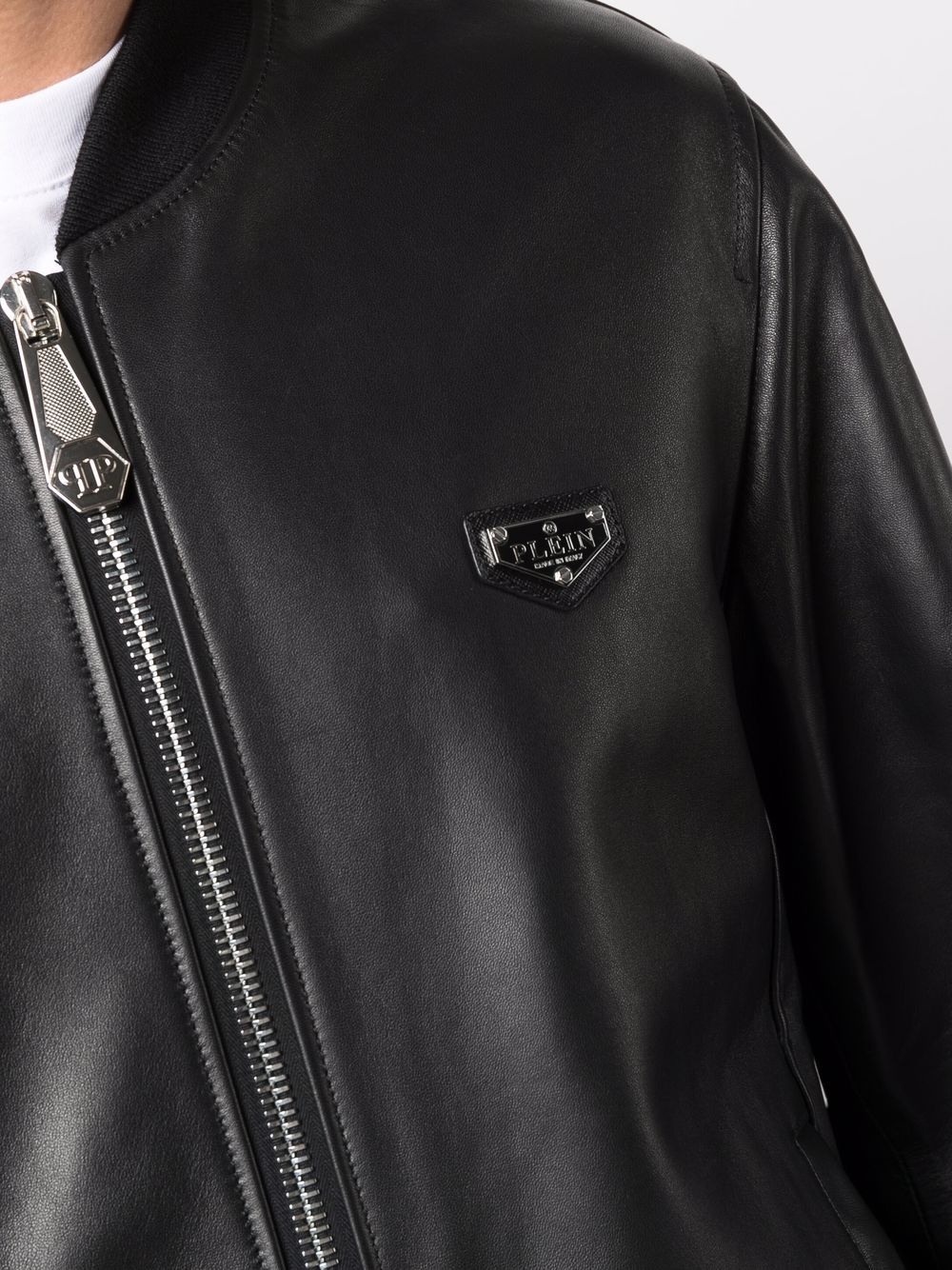 logo-plaque leather bomber jacket - 5