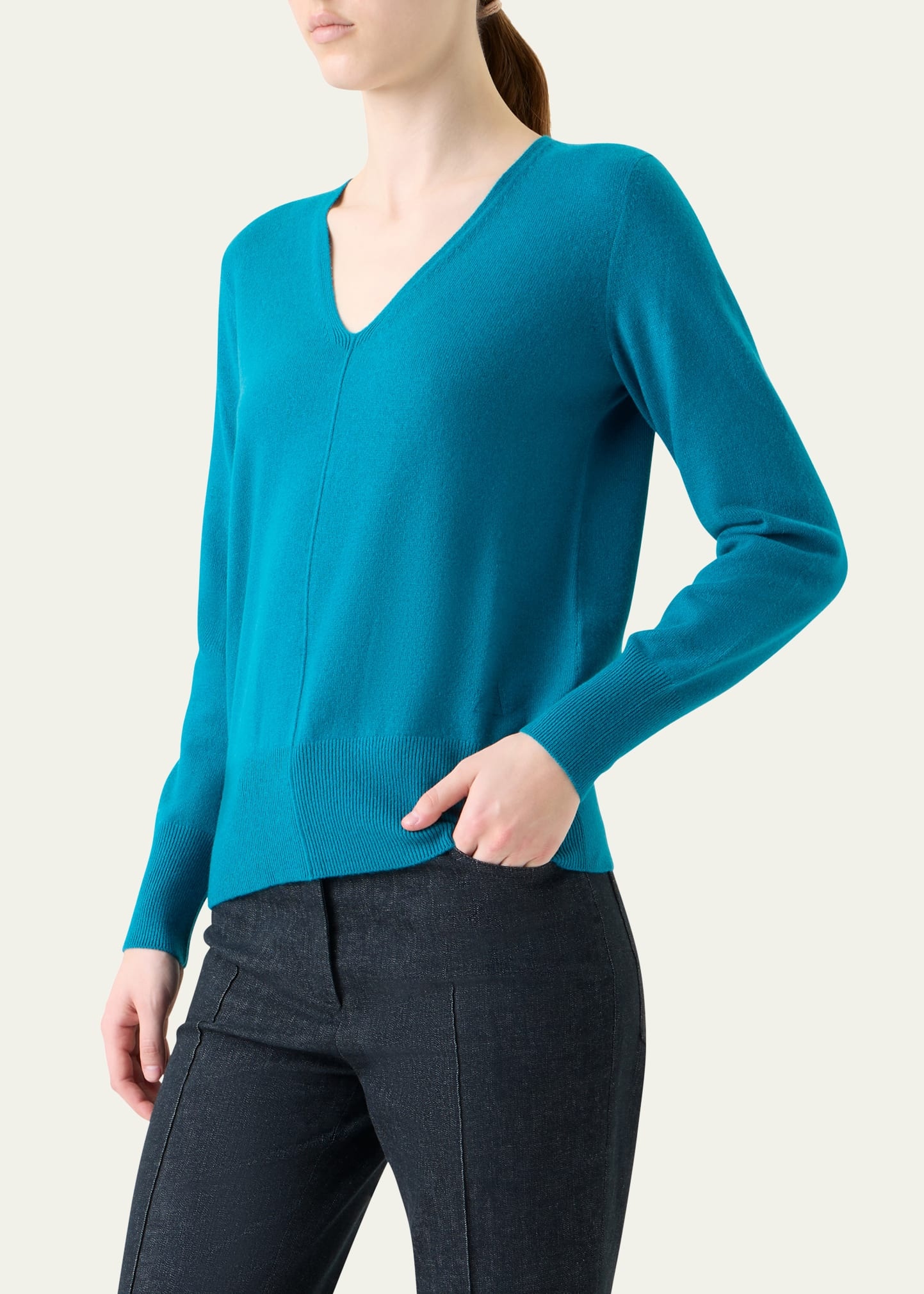 V-Neck Pure Cashmere Knit Sweater - 4
