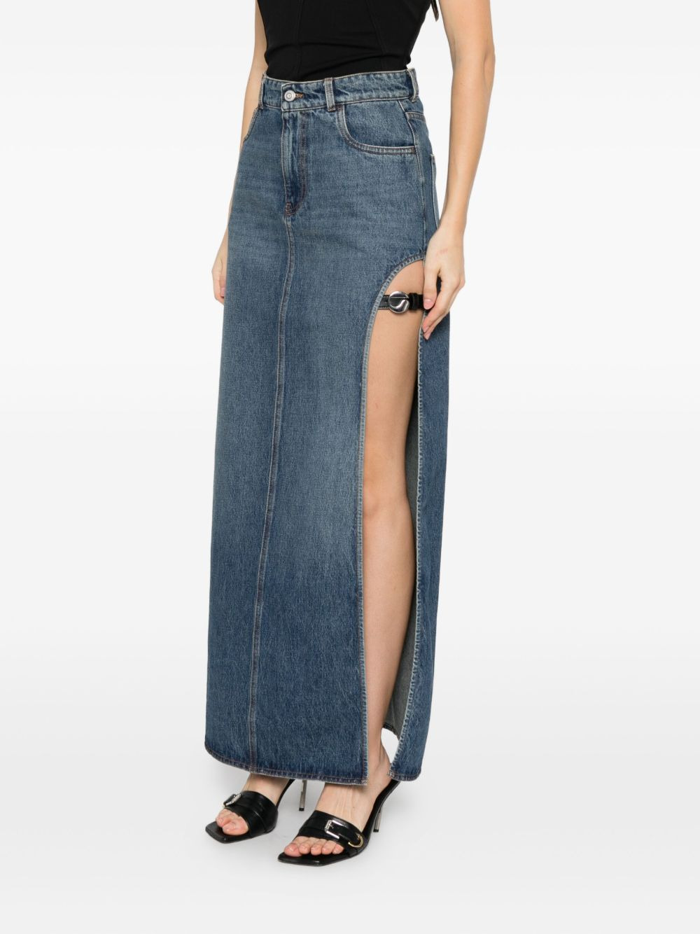 Garder belt-detail side-split denim skirt - 3