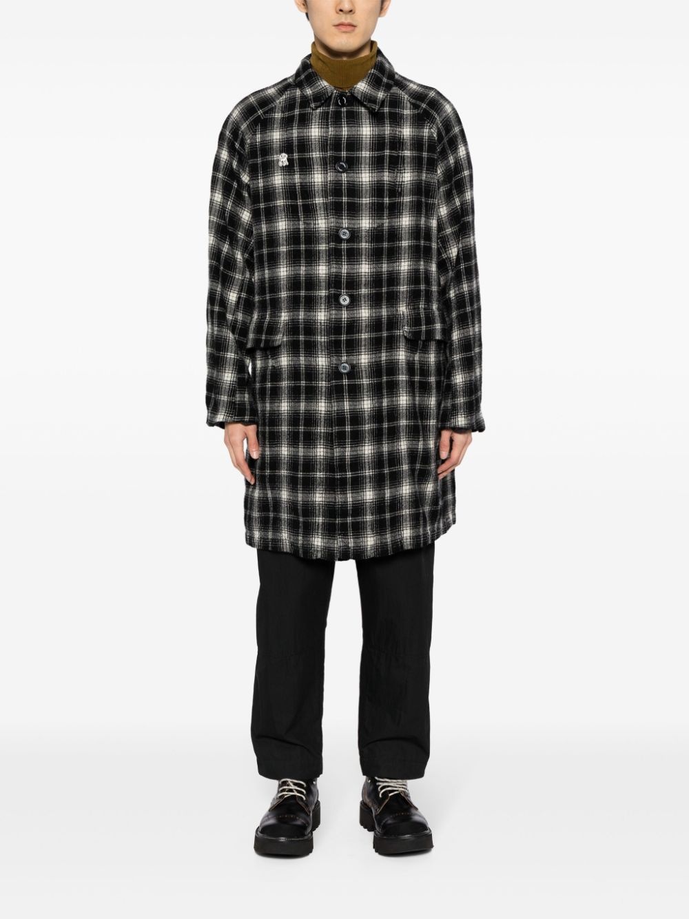 check-pattern logo-patch wool coat - 2