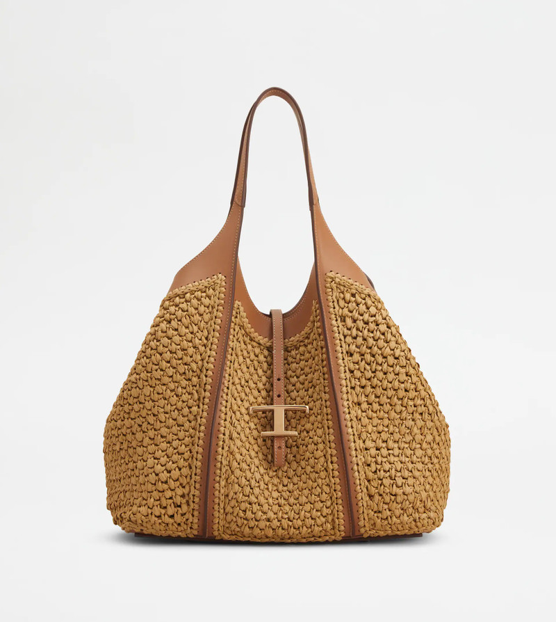 T TIMELESS SHOPPING BAG IN RAFFIA AND LEATHER MEDIUM - BEIGE, BROWN 1