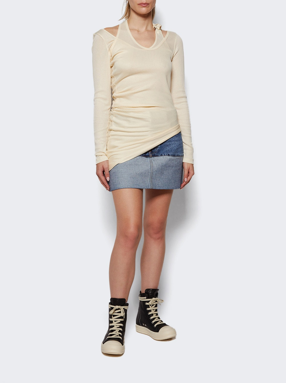 Twisted Double Layer Long Sleeves With Piercing Detail Ecru - 5