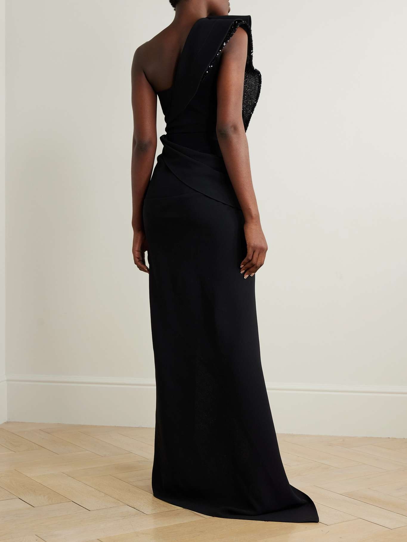 Pantheon Wave ruffled mesh-trimmed sequin-embellished crepe gown Black - 3