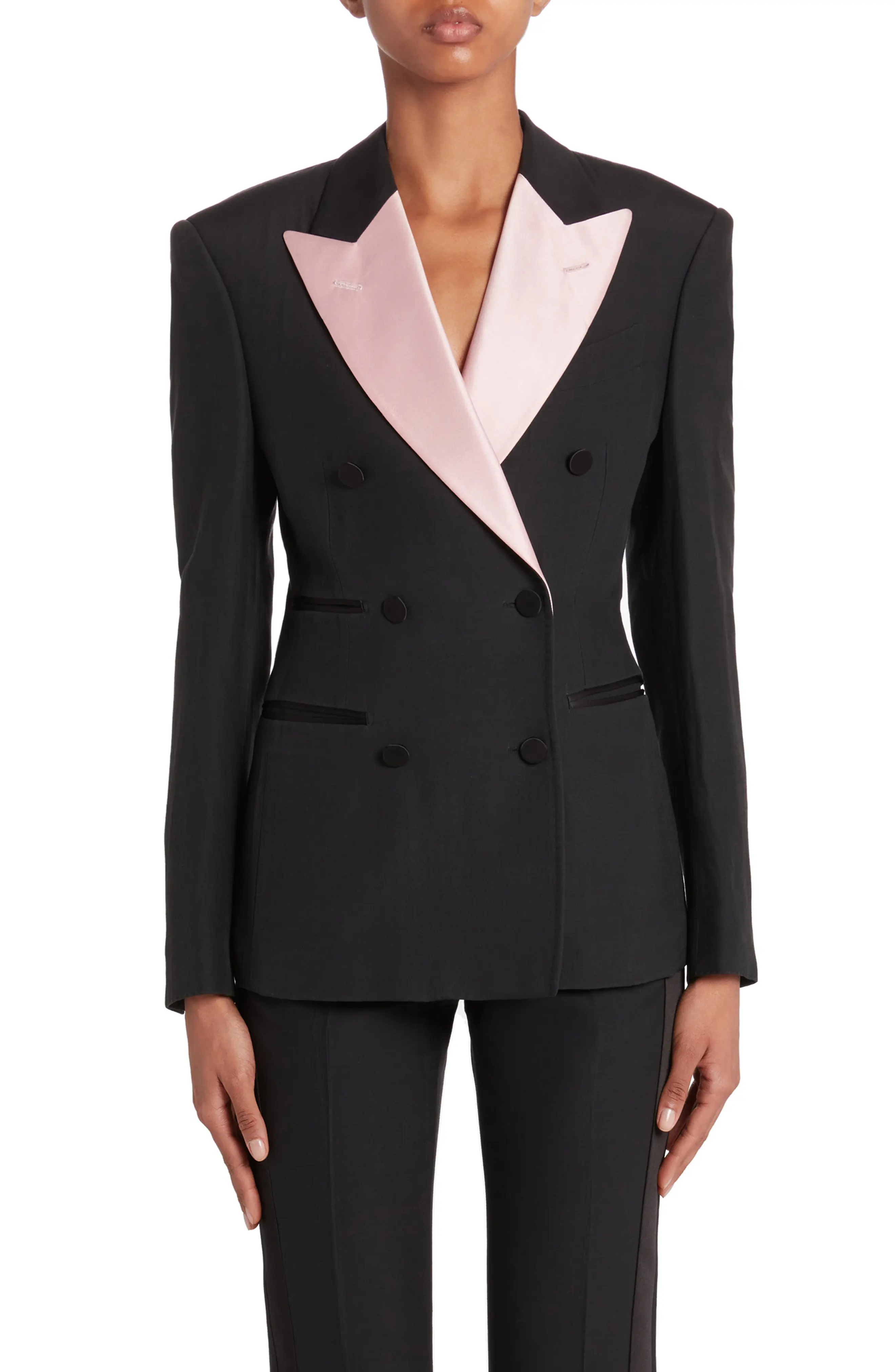 Contrast Lapel Wool & Silk Tuxedo Jacket in Black/Ballet Slipper - 1