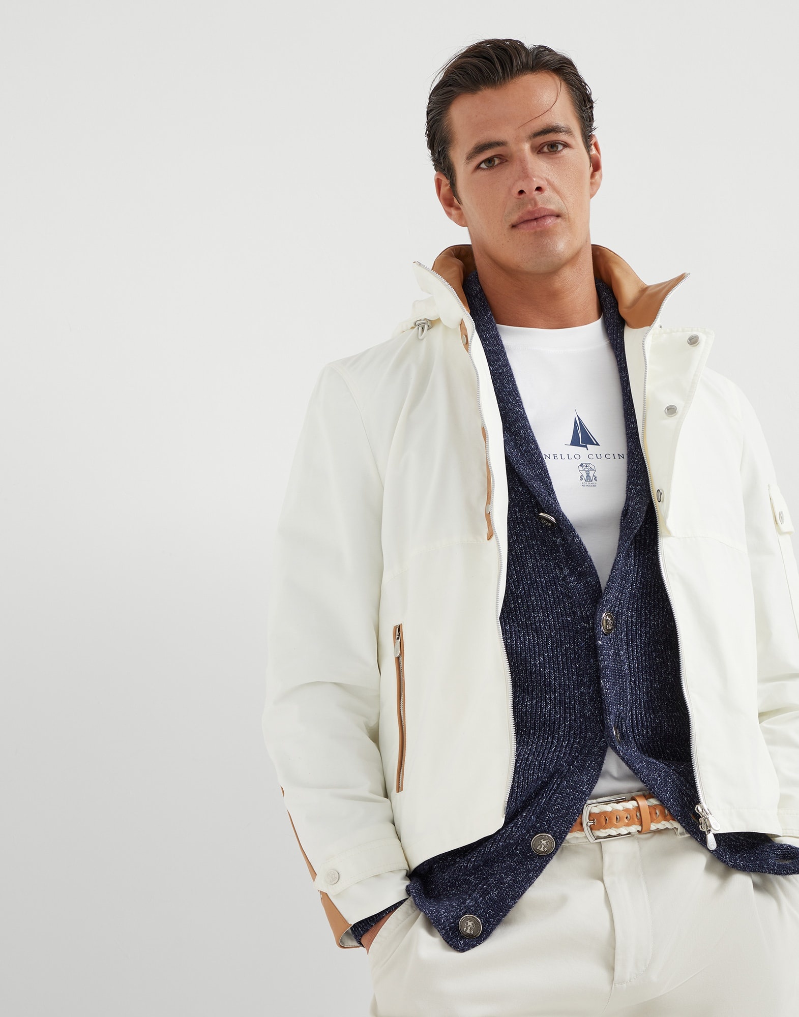 Water-resistant techno cotton gabardine outerwear jacket with leather inserts and detachable hood - 4