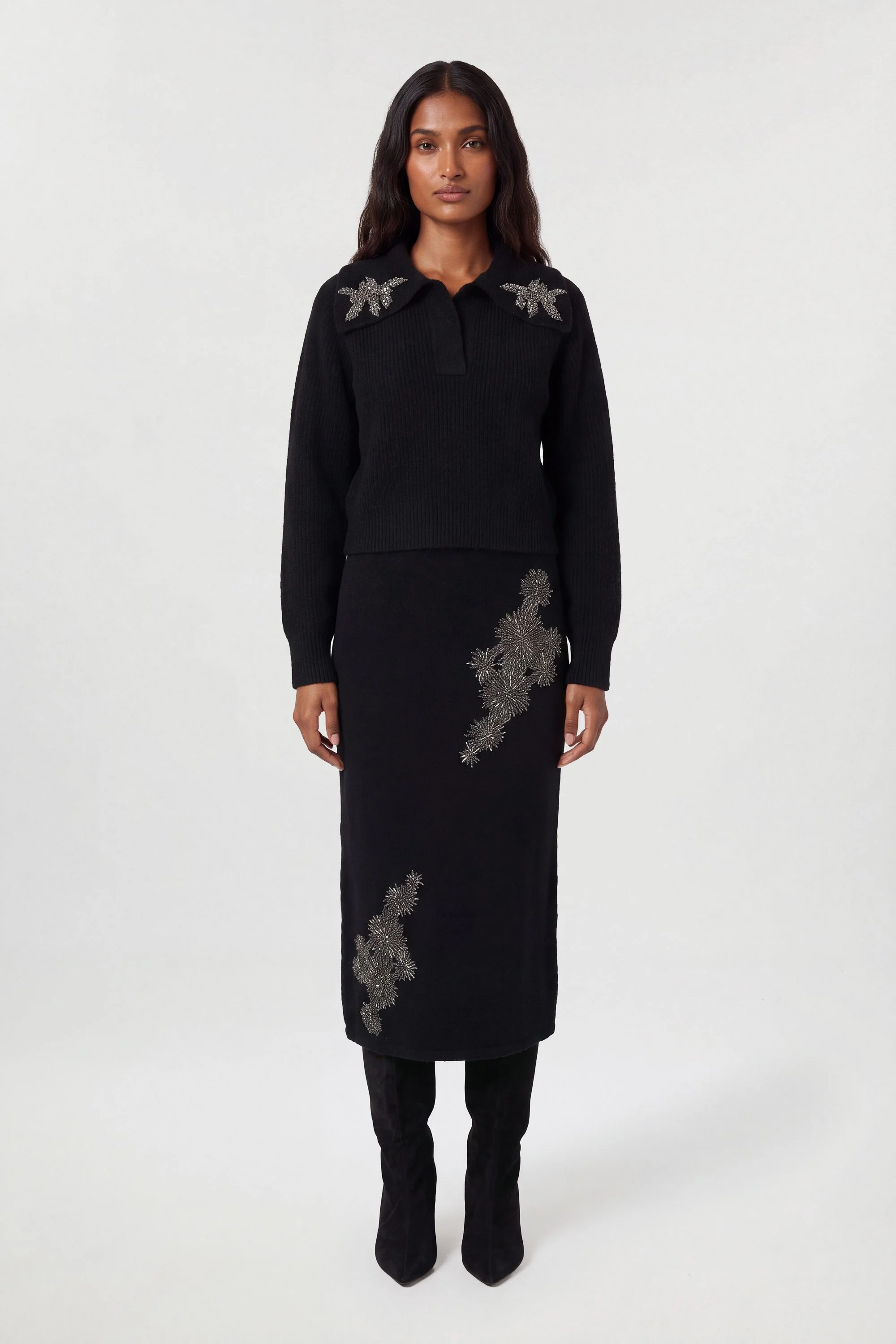 Wool Blend Embellished Cosy Pencil Midi Skirt - 1