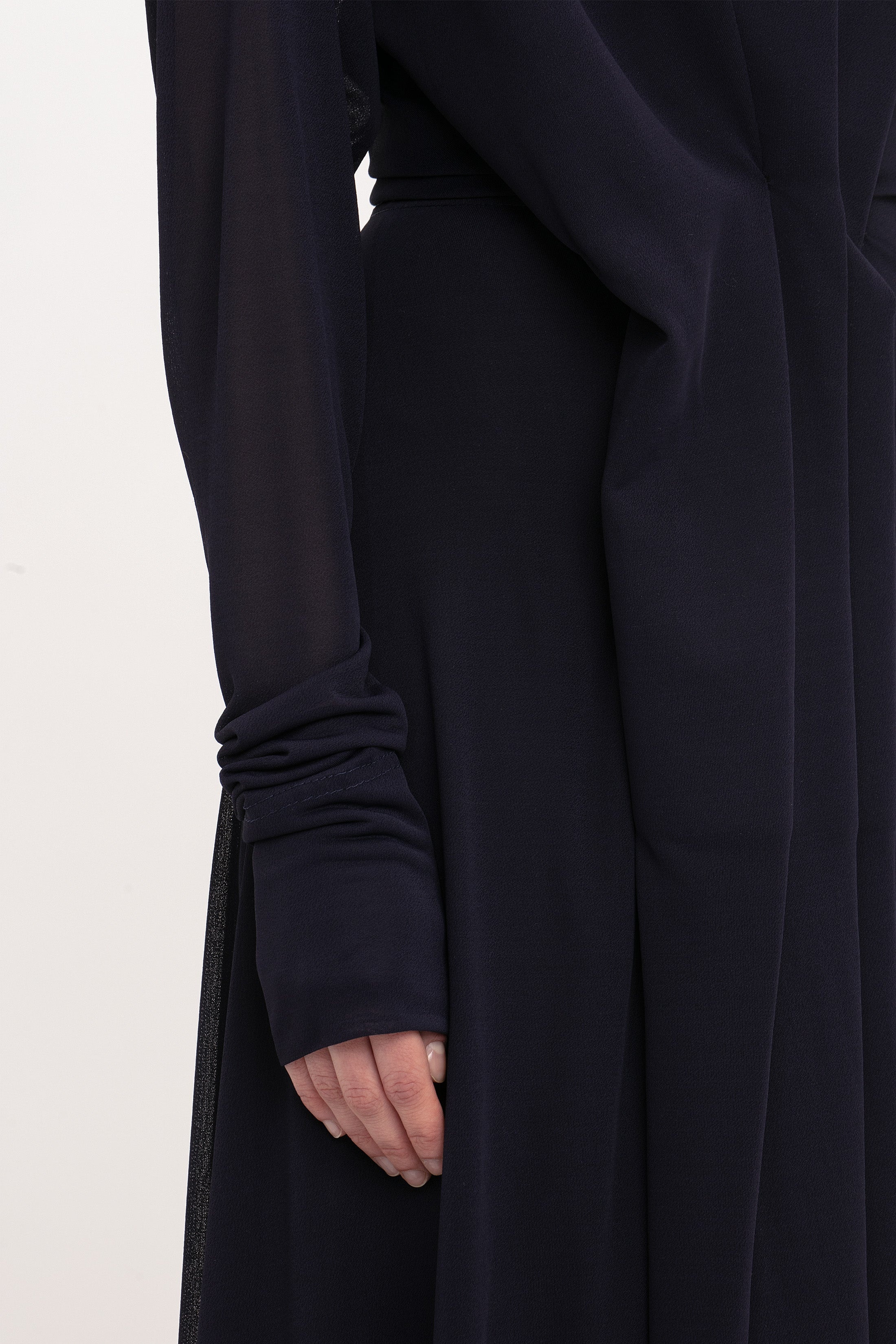 Long Sleeve Draped Jersey Floor-Length Gown In Ink Blue - 6