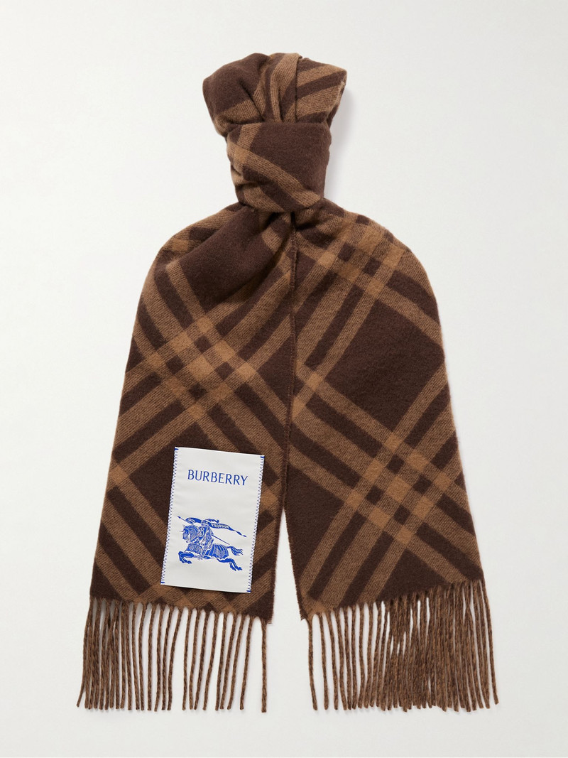 Logo-Appliquéd Fringed Checked Cashmere Scarf Brown 1