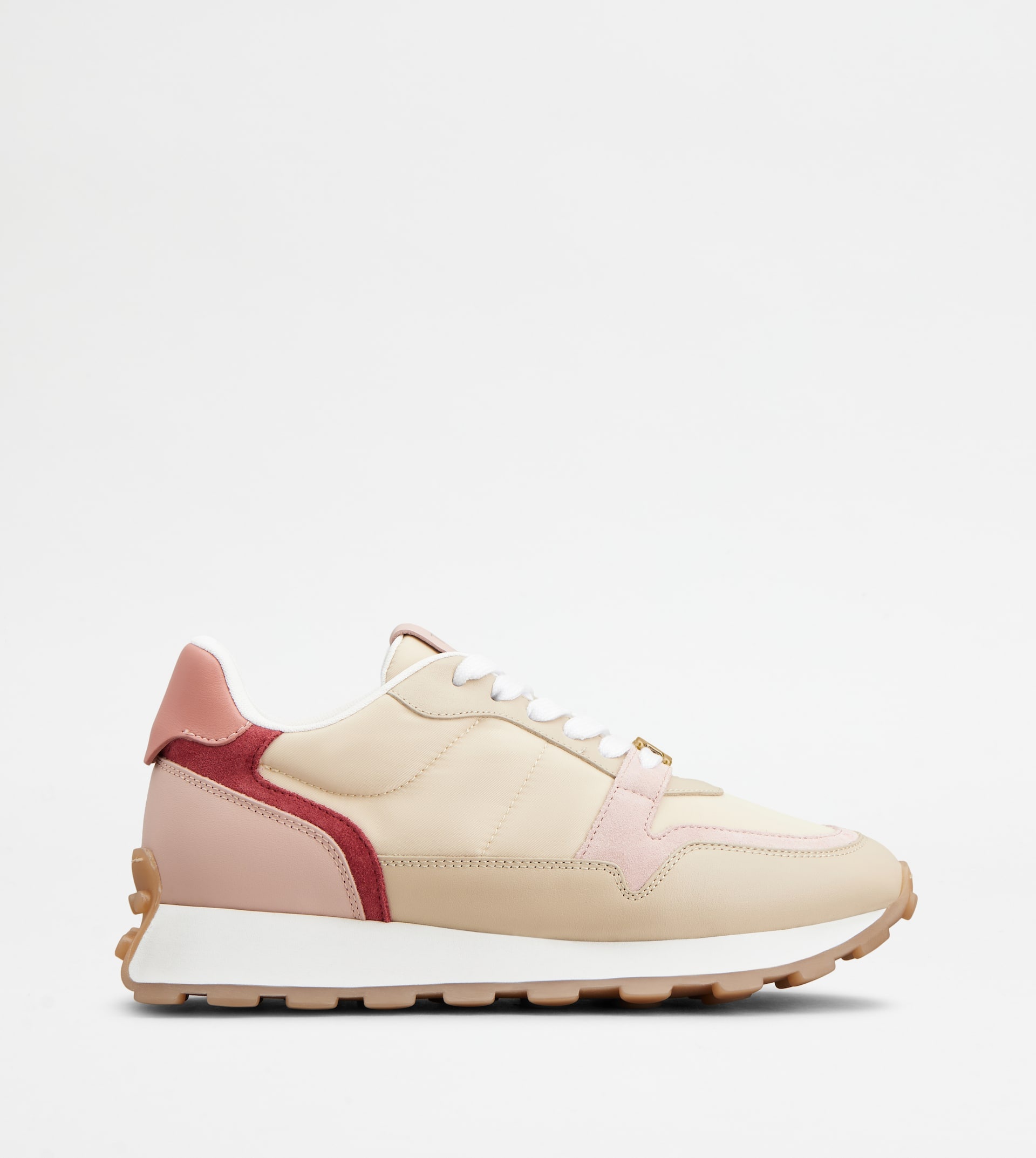 SNEAKERS IN LEATHER AND FABRIC - BEIGE, PINK, RED - 1