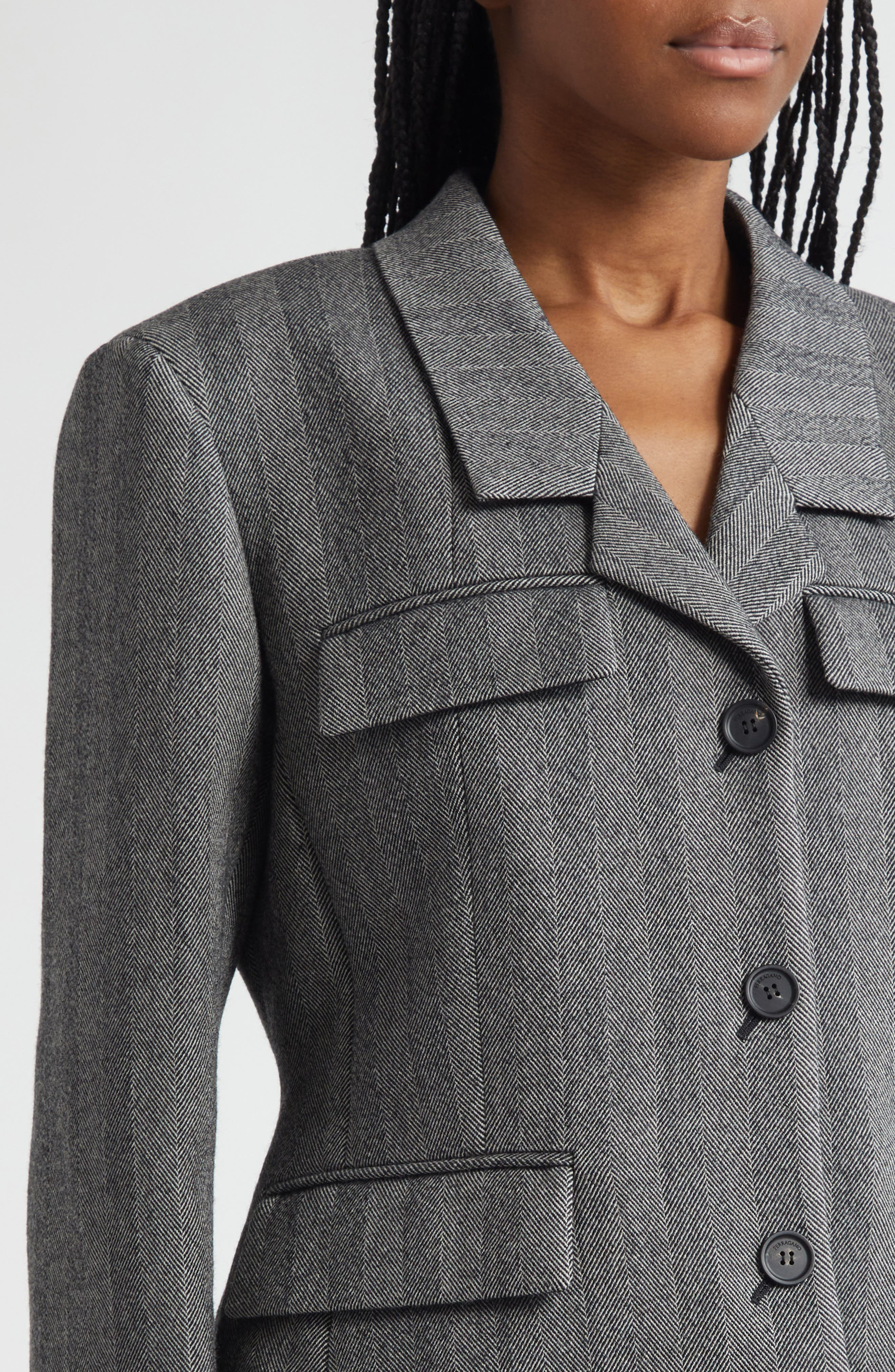 FERRAGAMO Wool Blend Herringbone Crop Jacket in Nero/White Sand at Nordstrom - 5