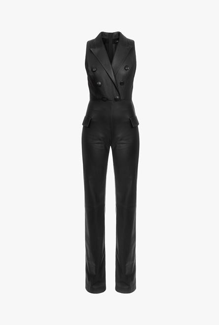 Black double-breasted leather jumpsuit - 1