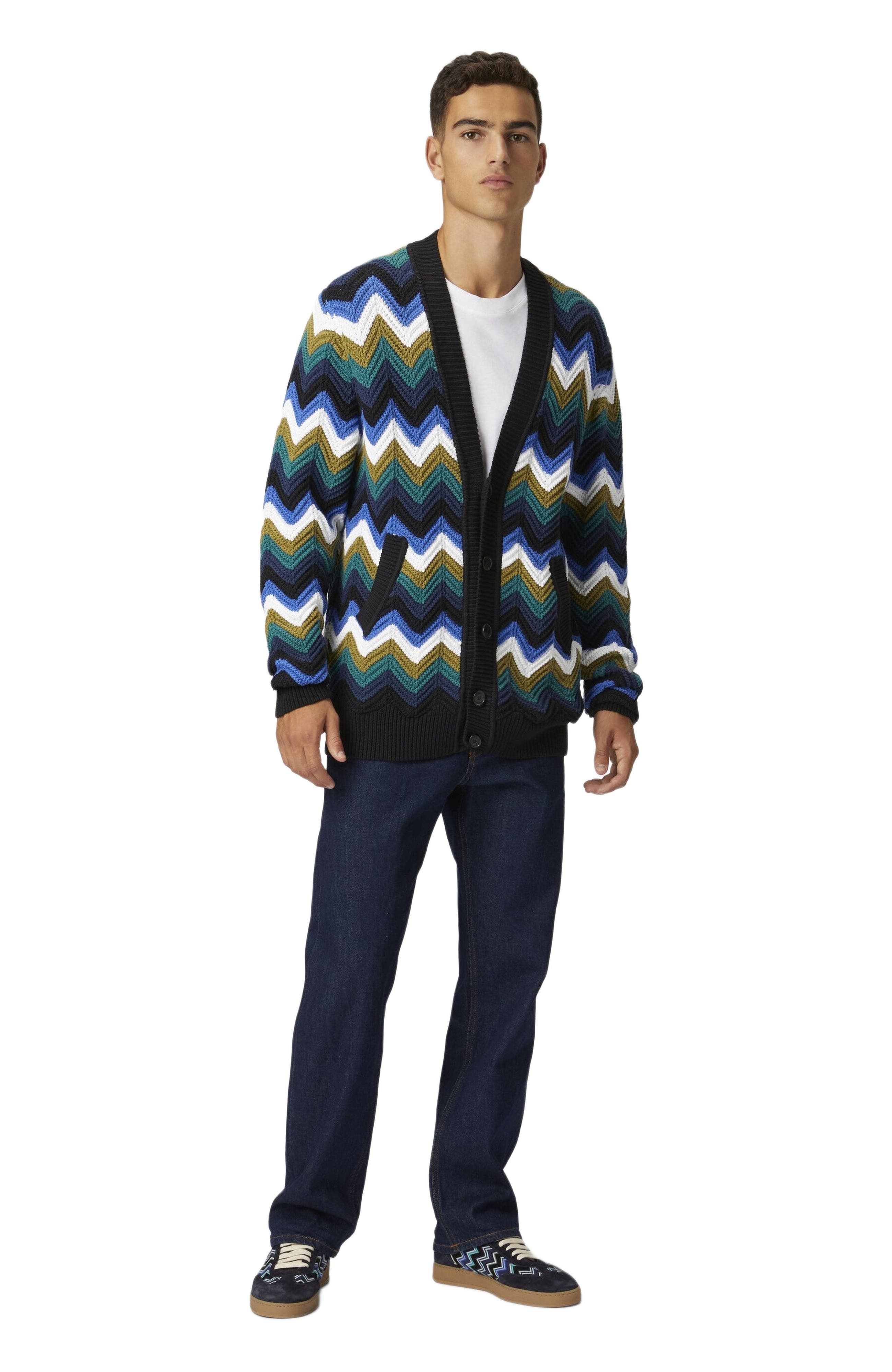 Missoni Chevron Knit Cardigan With Pockets And Contrasting Piping in Blue at Nordstrom - 5