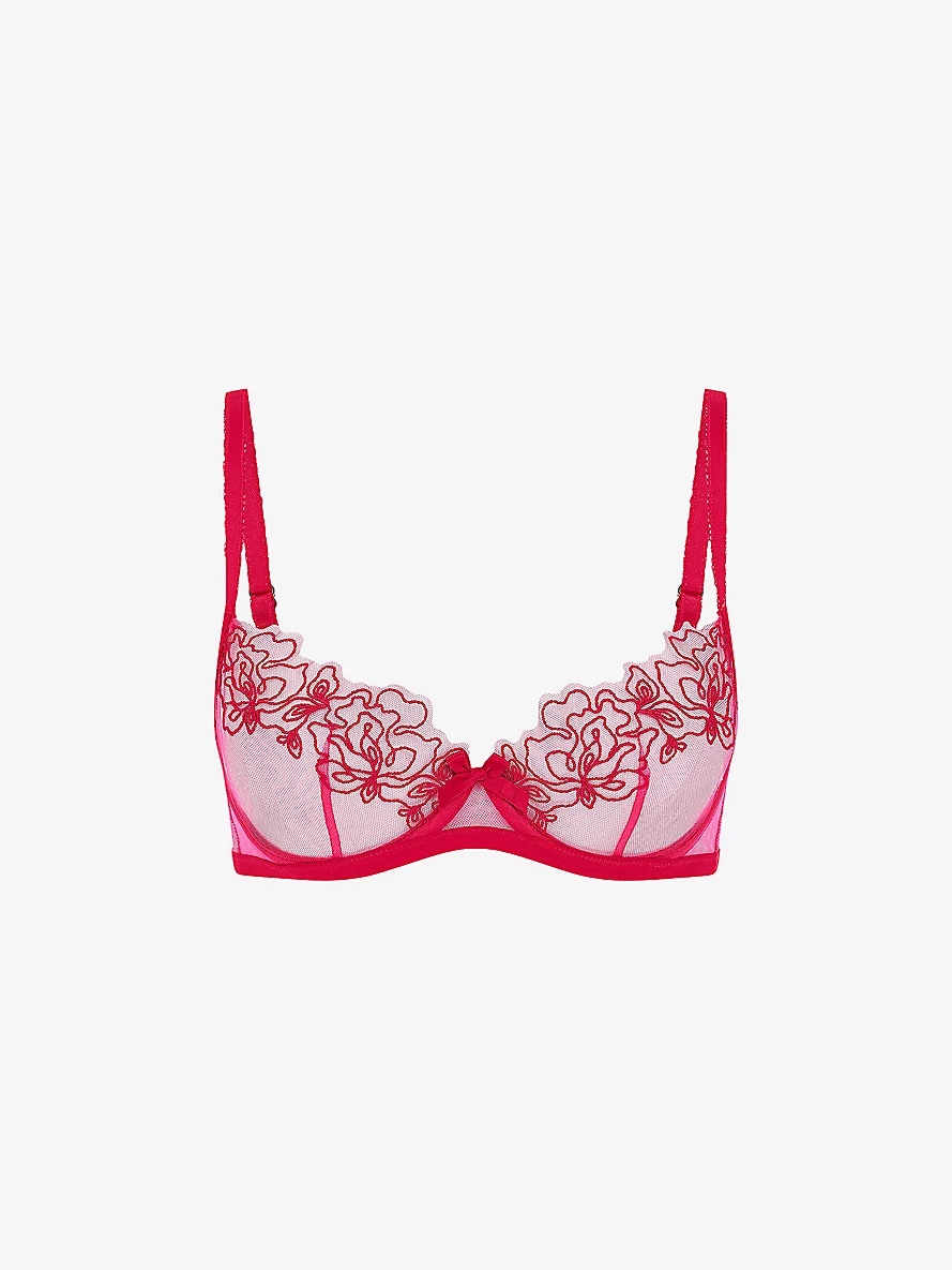 Juni bow-embroidered plunge woven underwired bra - 1