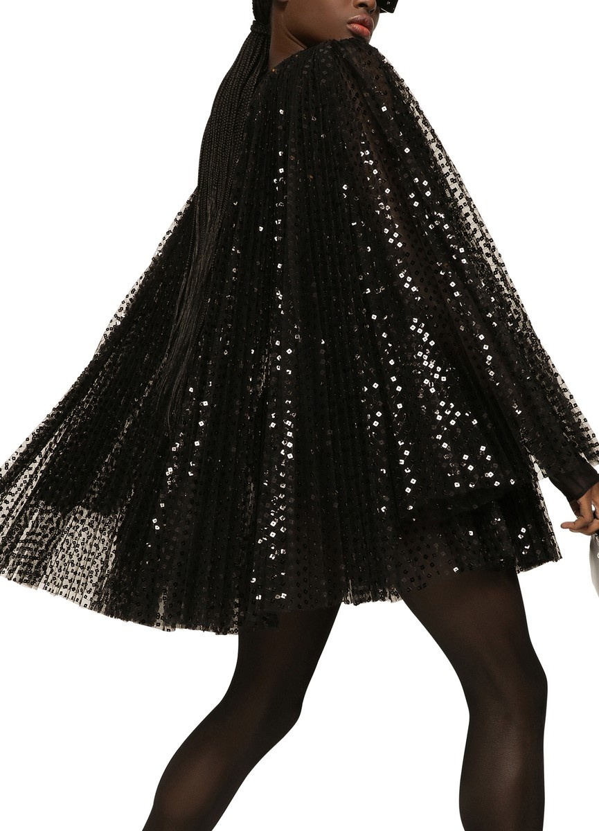 Pleated Short Dress with Wide Sleeves in Sequins - 4