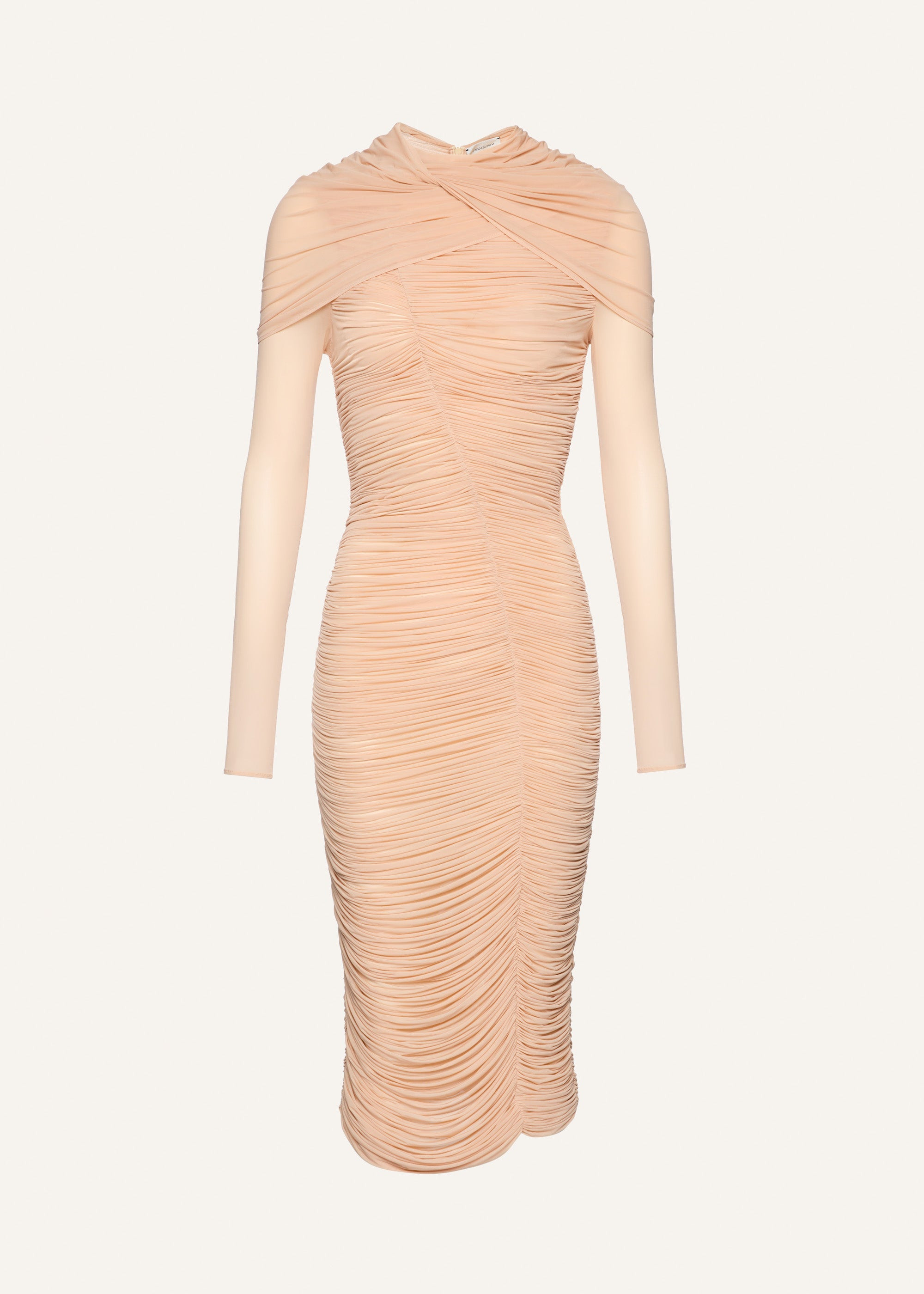 Draped high neck midi dress in beige - 1