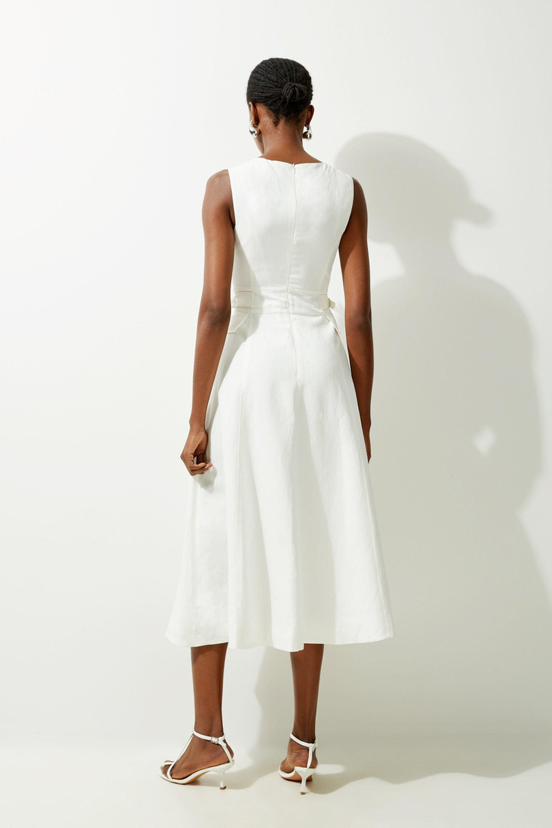 Premium Linen Tab Waist Detail Full Skirt Tailored Midi Dress 6