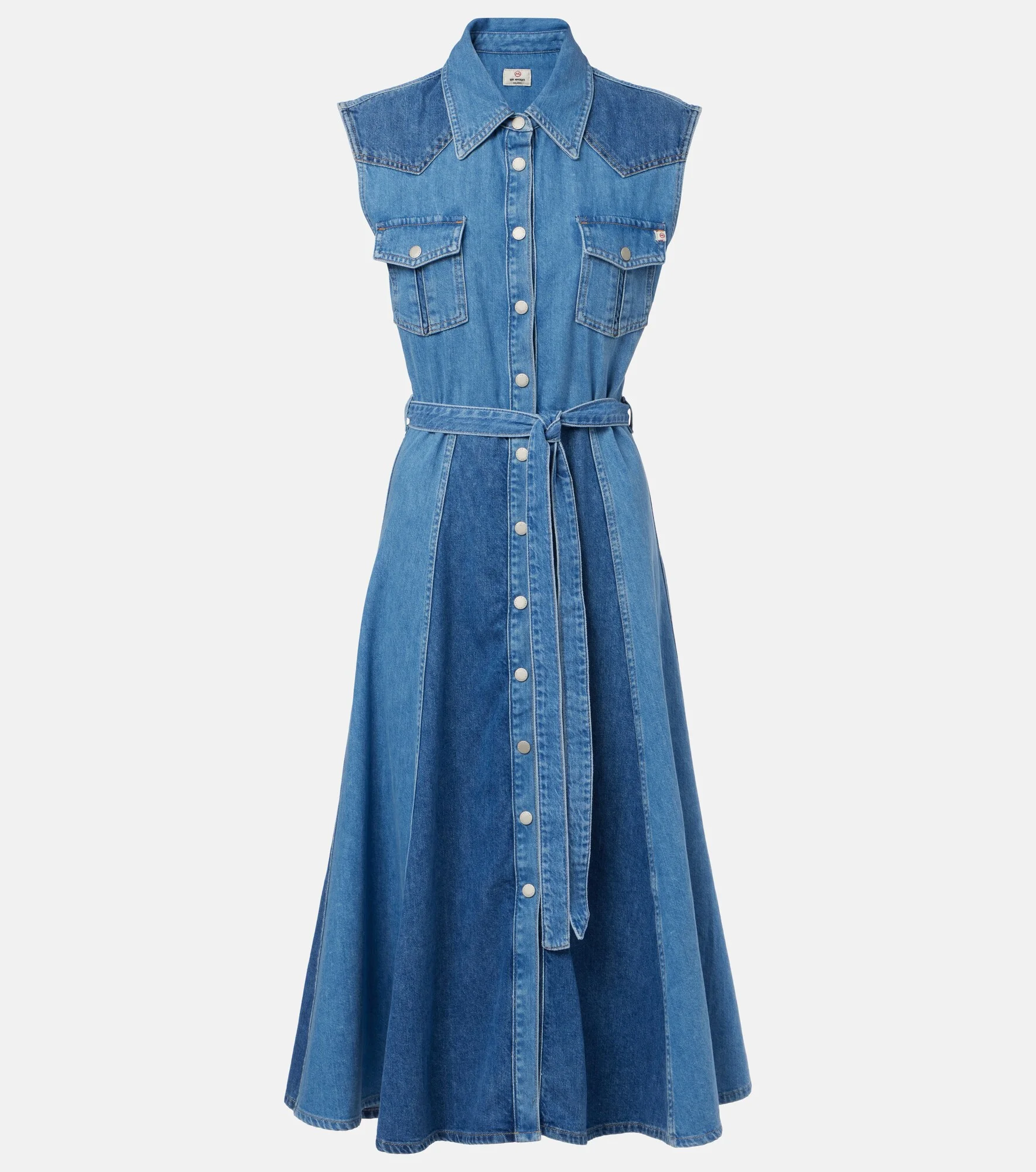 Belted paneled denim midi dress - 1
