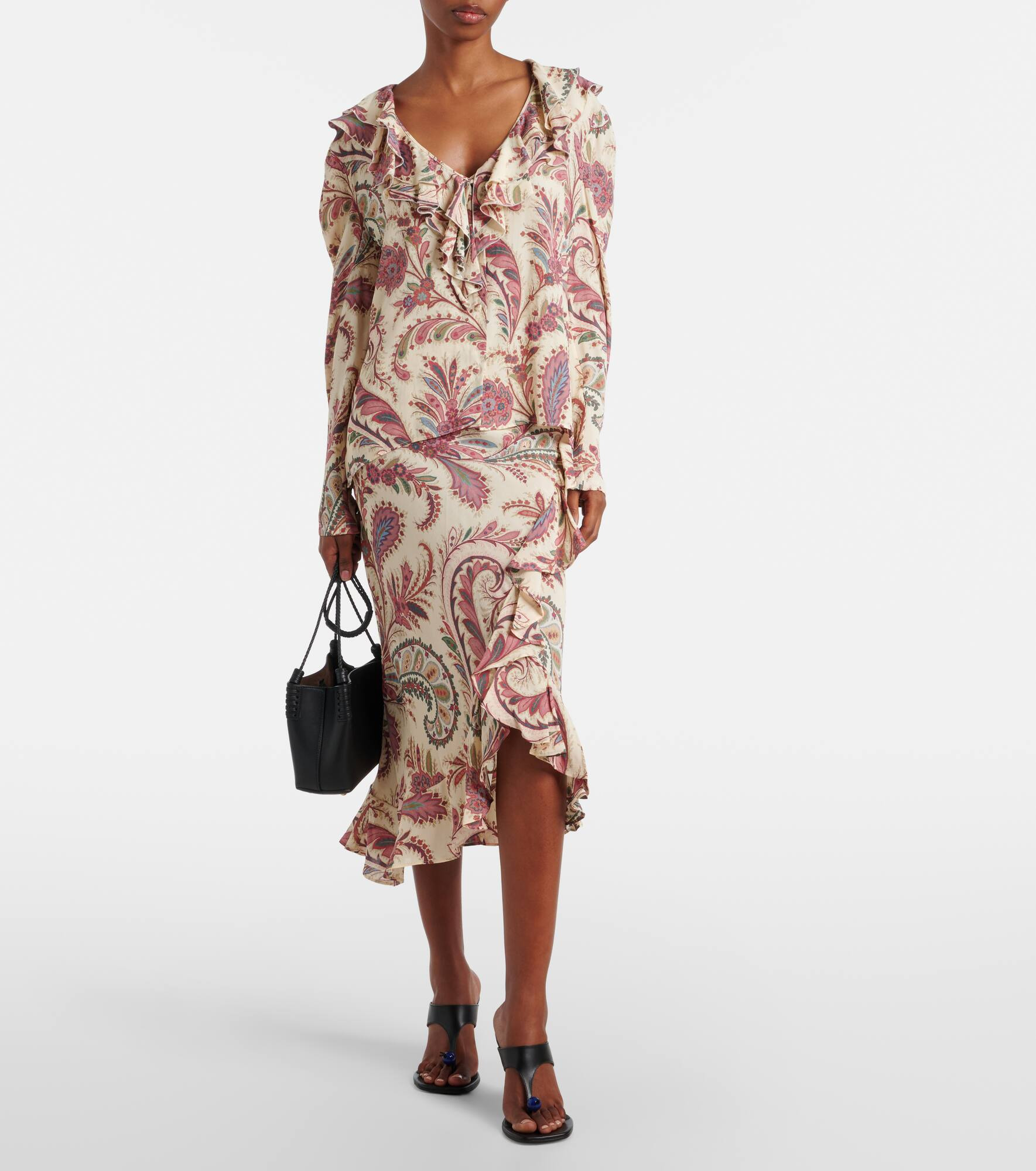 Asymmetric paisley ruffled midi skirt - 2