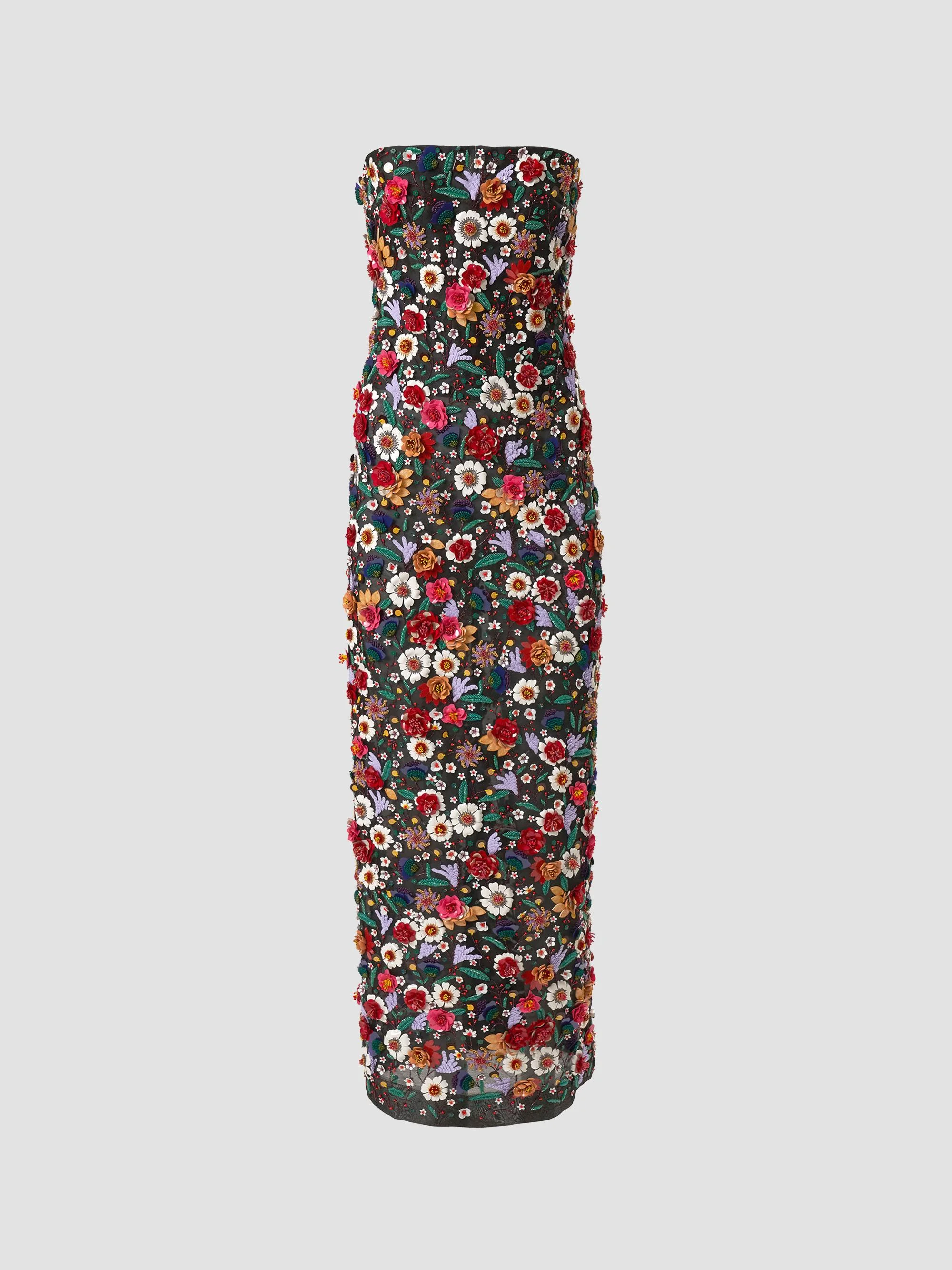 Women's Floral-Embellished Silk Strapless Column Gown - Black Multi - 1