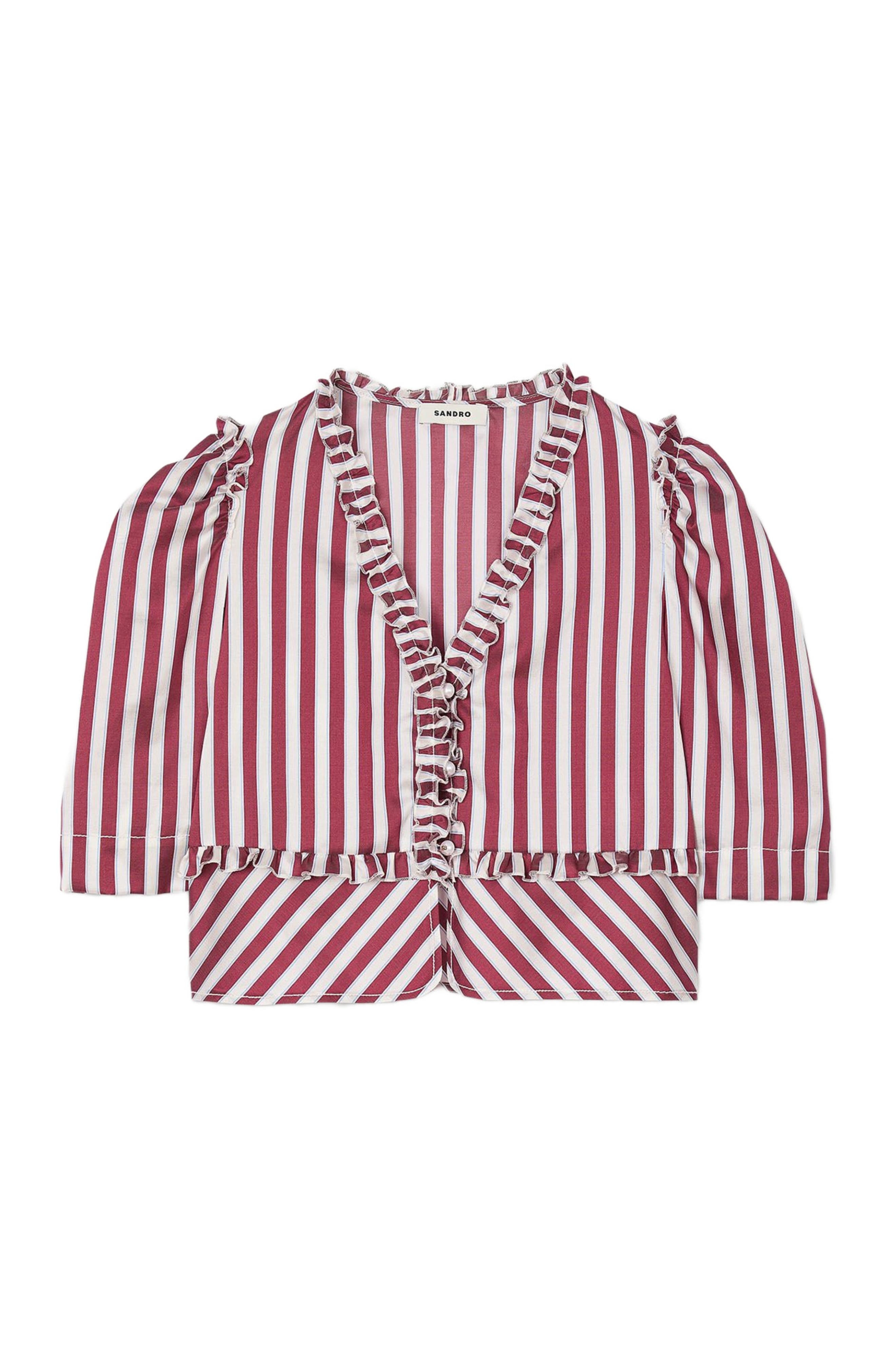 SANDRO Ruffled striped shirt in Burgundy /White at Nordstrom - 5