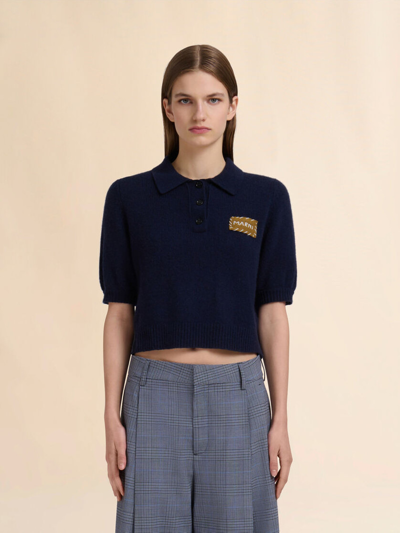 Marni DEEP BLUE CASHMERE POLO SWEATER WITH MARNI APPLIQUÉ outlook