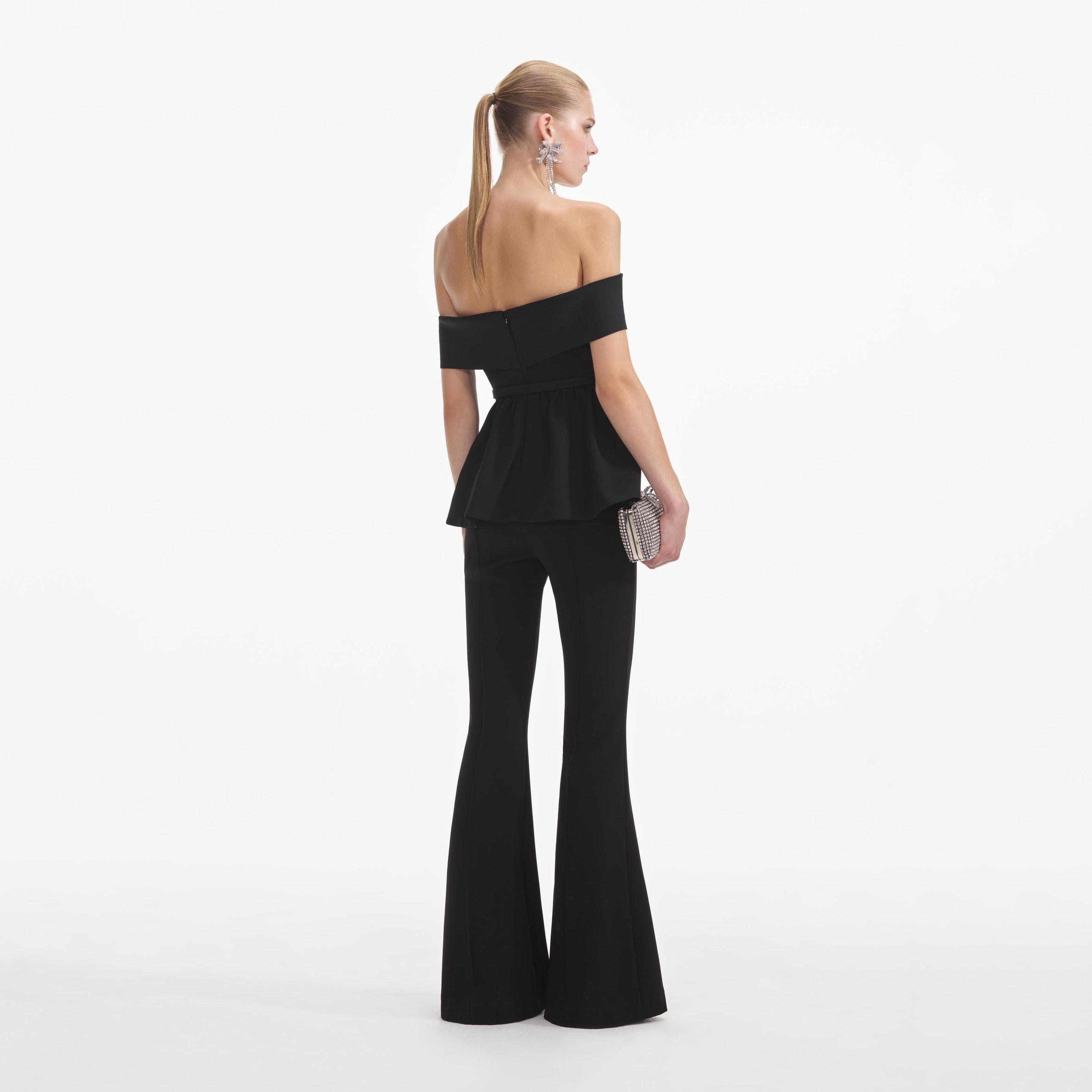 Black Crepe Off Shoulder Jumpsuit - 3