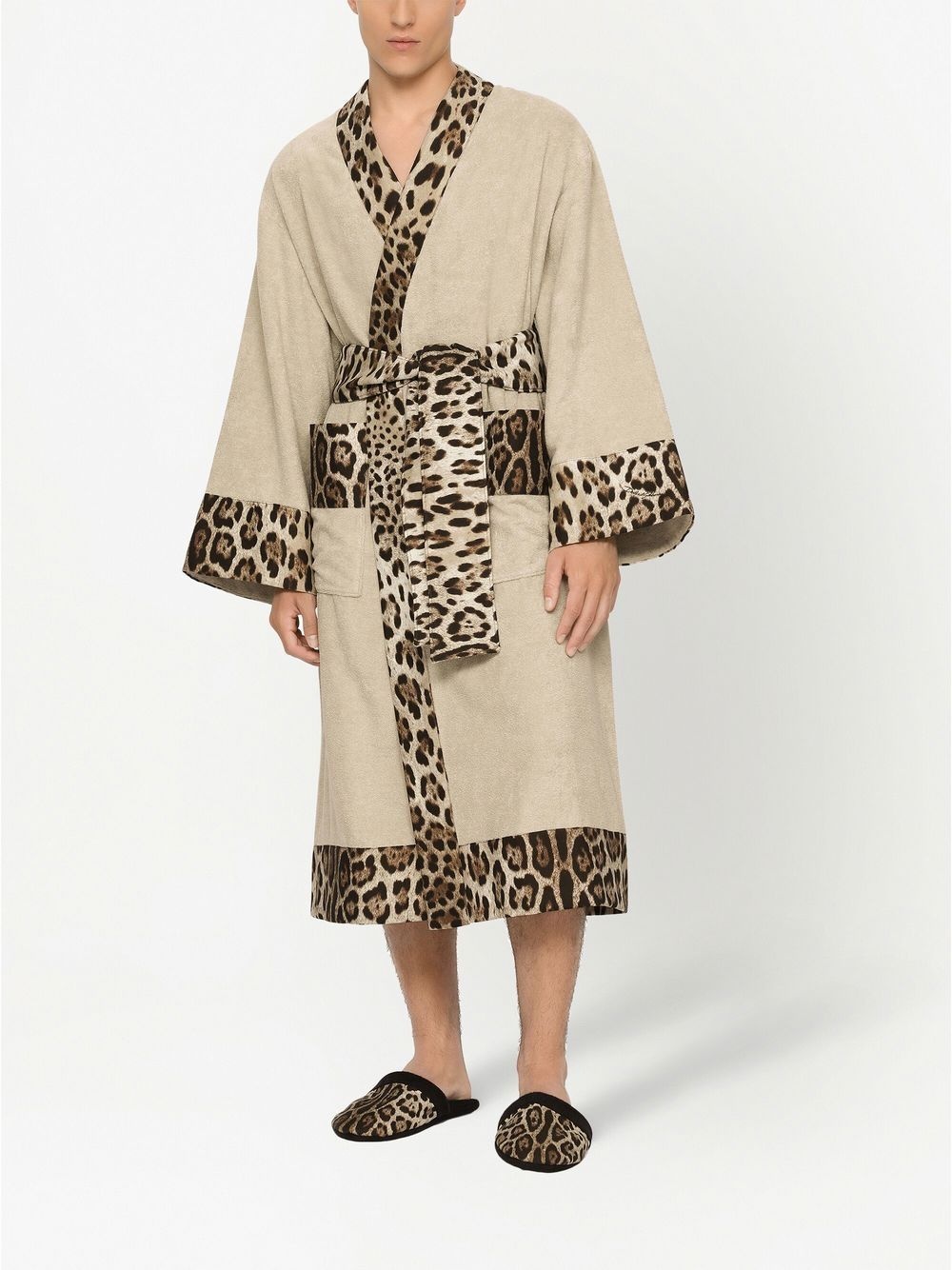 leopard-print trim belted bathrobe - 3