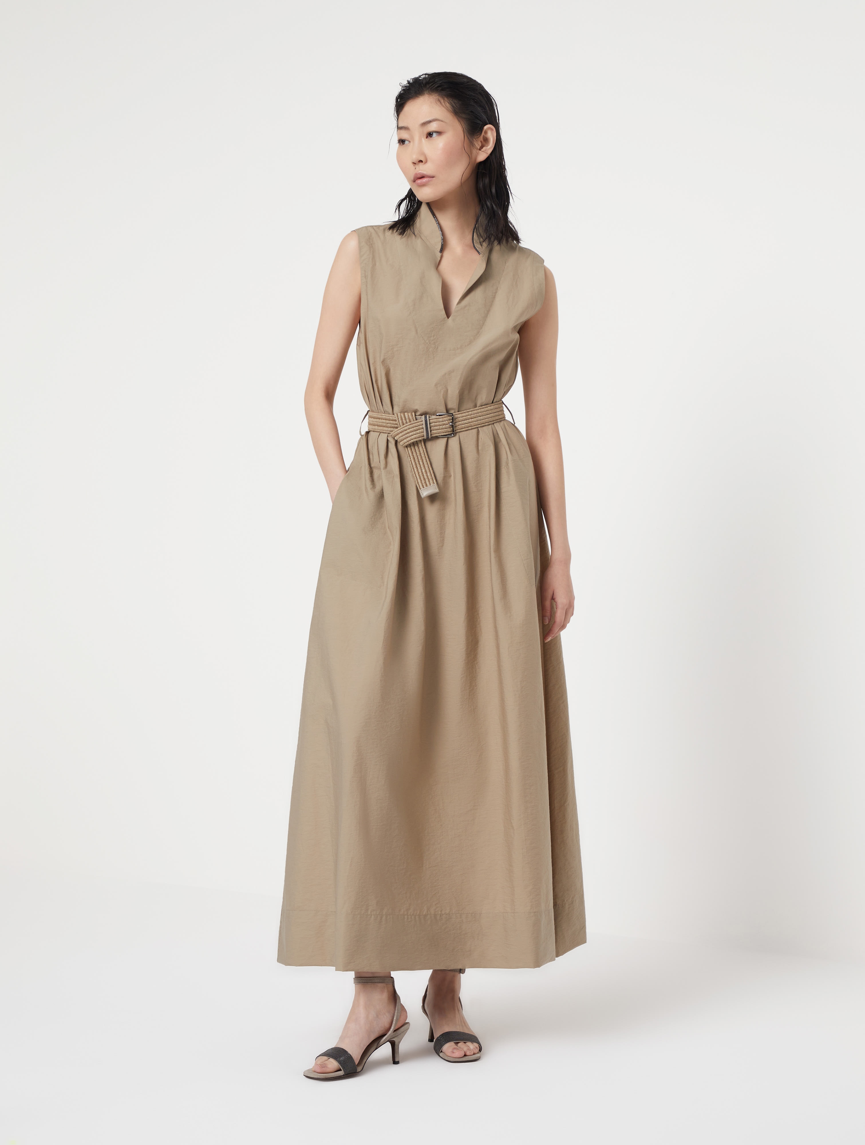 Techno cotton poplin dress with raffia belt and shiny trim - 1