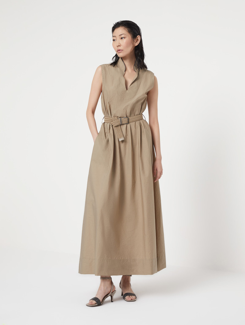 Techno cotton poplin dress with raffia belt and shiny trim 1