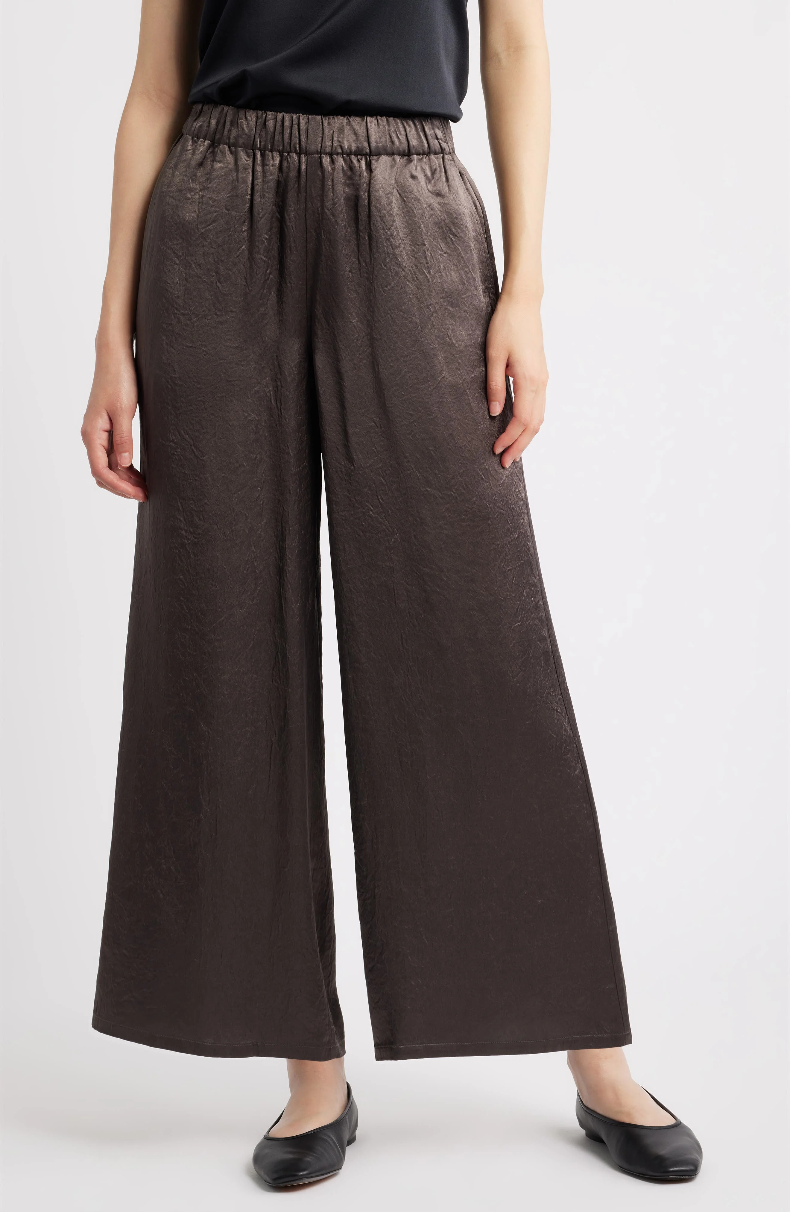 Eileen Fisher Crinkle Satin Wide Leg Ankle Pants in Rye at Nordstrom - 1