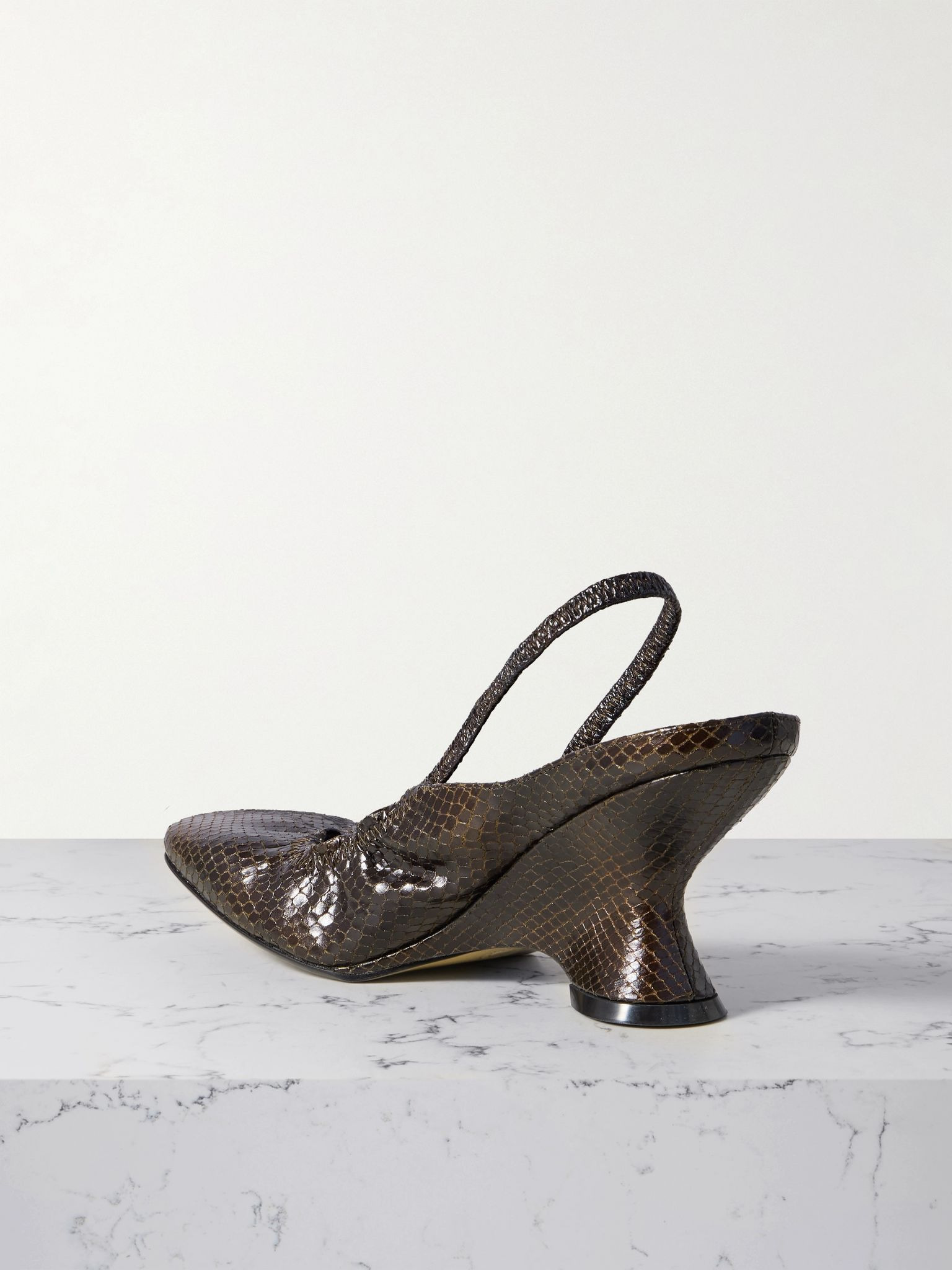 Snake-effect leather slingback wedge pumps Dark brown - 3