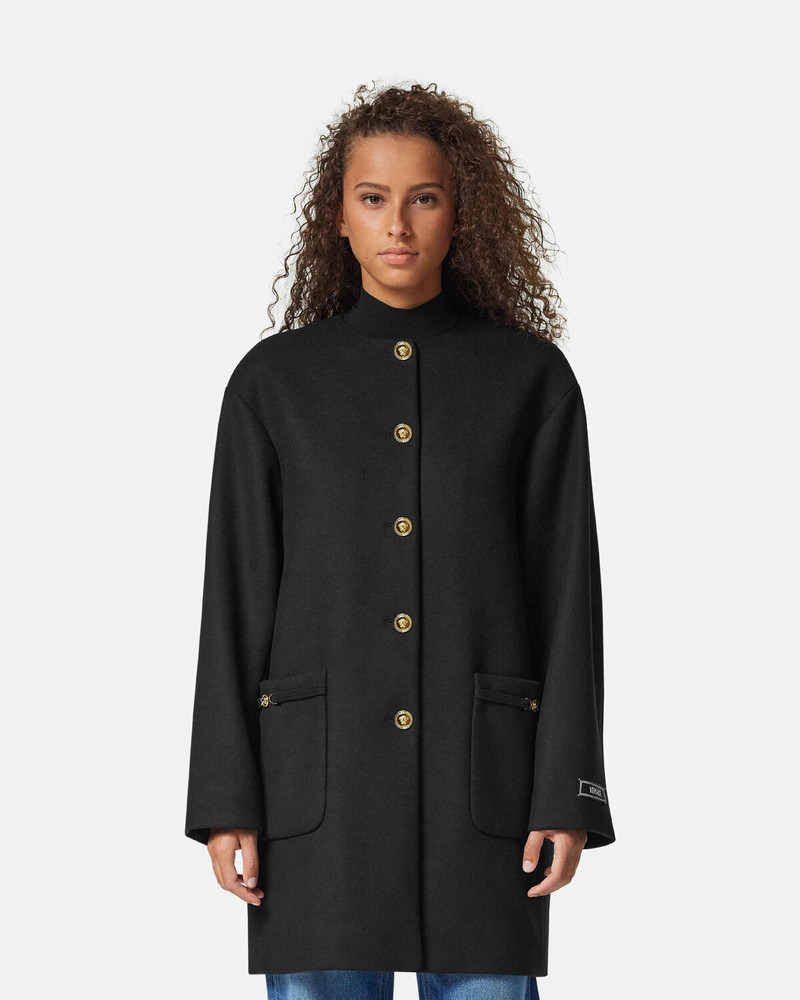 Collarless Felted-Wool Long Caban Coat 4