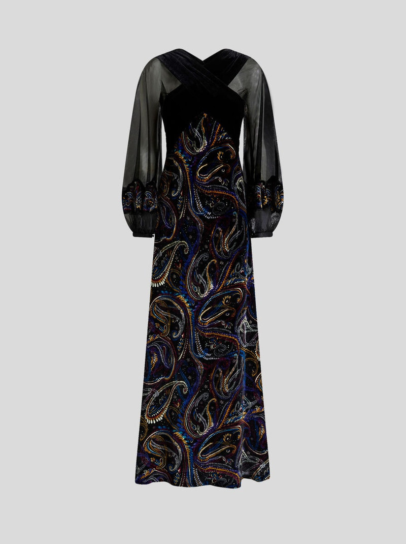 LONG VELVET DRESS WITH PAISLEY FOLIAGE MOTIF 1