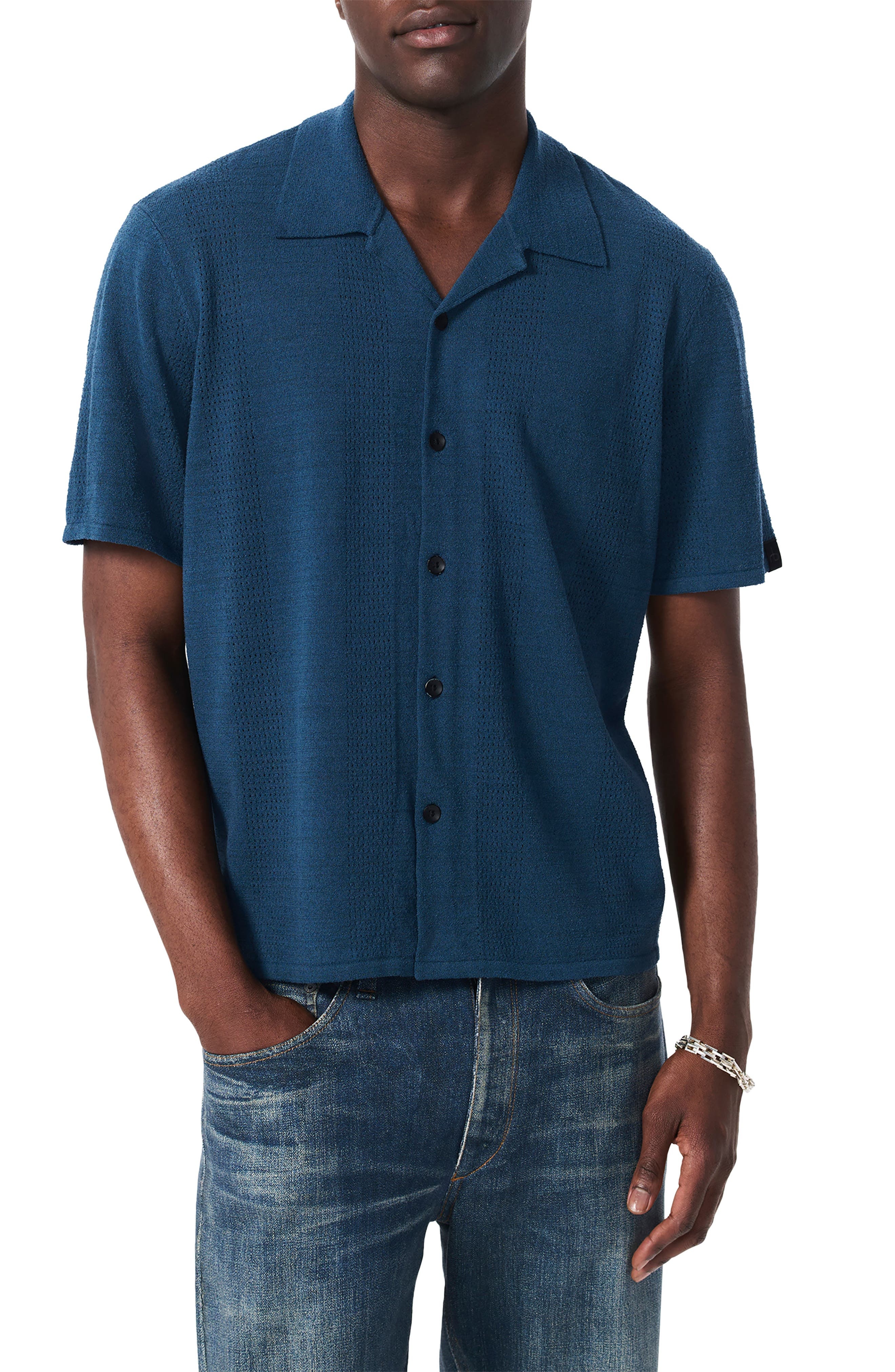 rag & bone Zuma Pointelle Short Sleeve Knit Camp Shirt in Mnlt at Nordstrom - 1