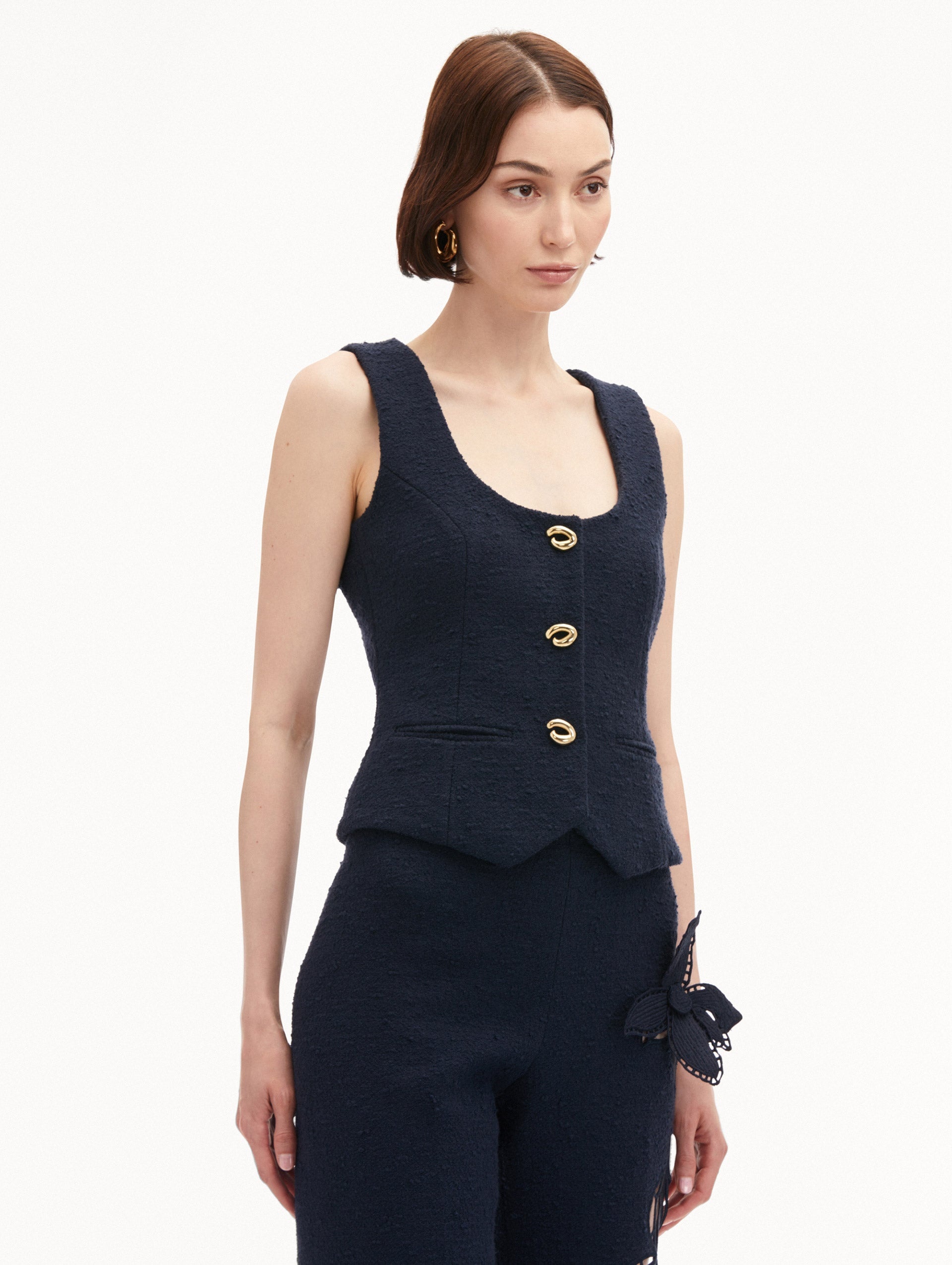 O BUTTON COTTON TWEED VEST - 5