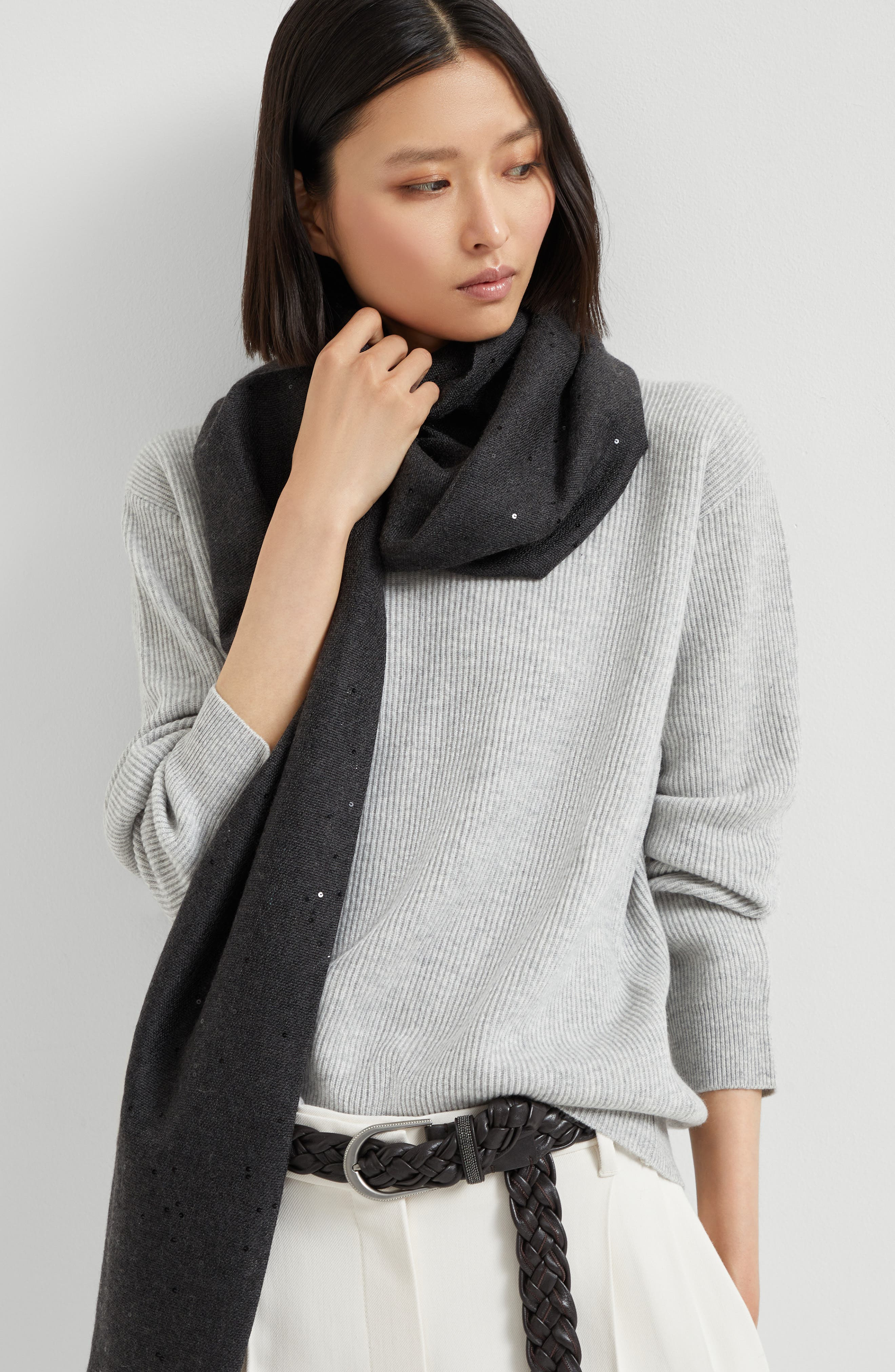 Brunello Cucinelli Cashmere and silk Diamond yarn scarf in Lignite Grey at Nordstrom - 5