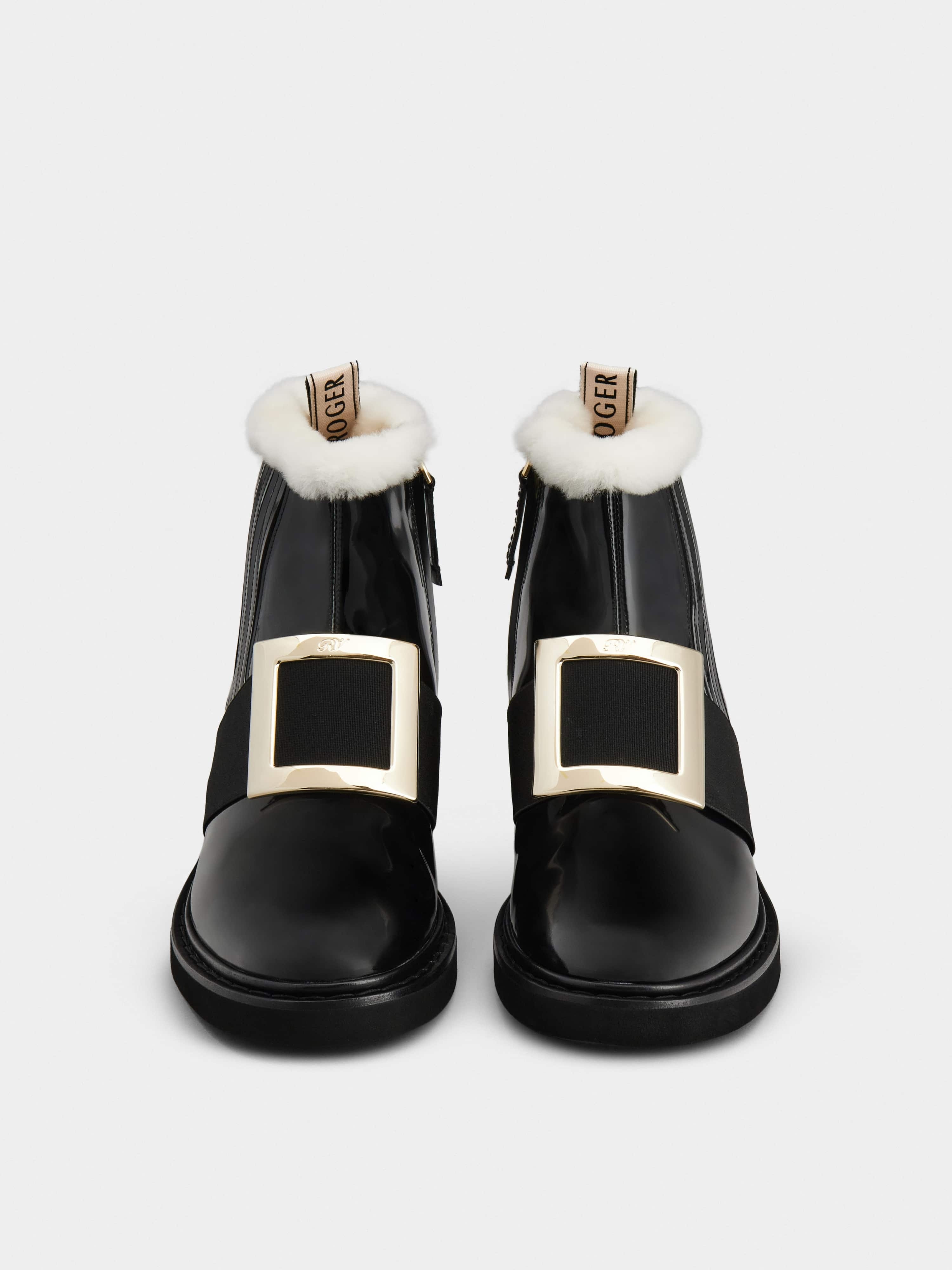 Viv' Rangers Metal Buckle Fur Booties in Patent Leather - 7