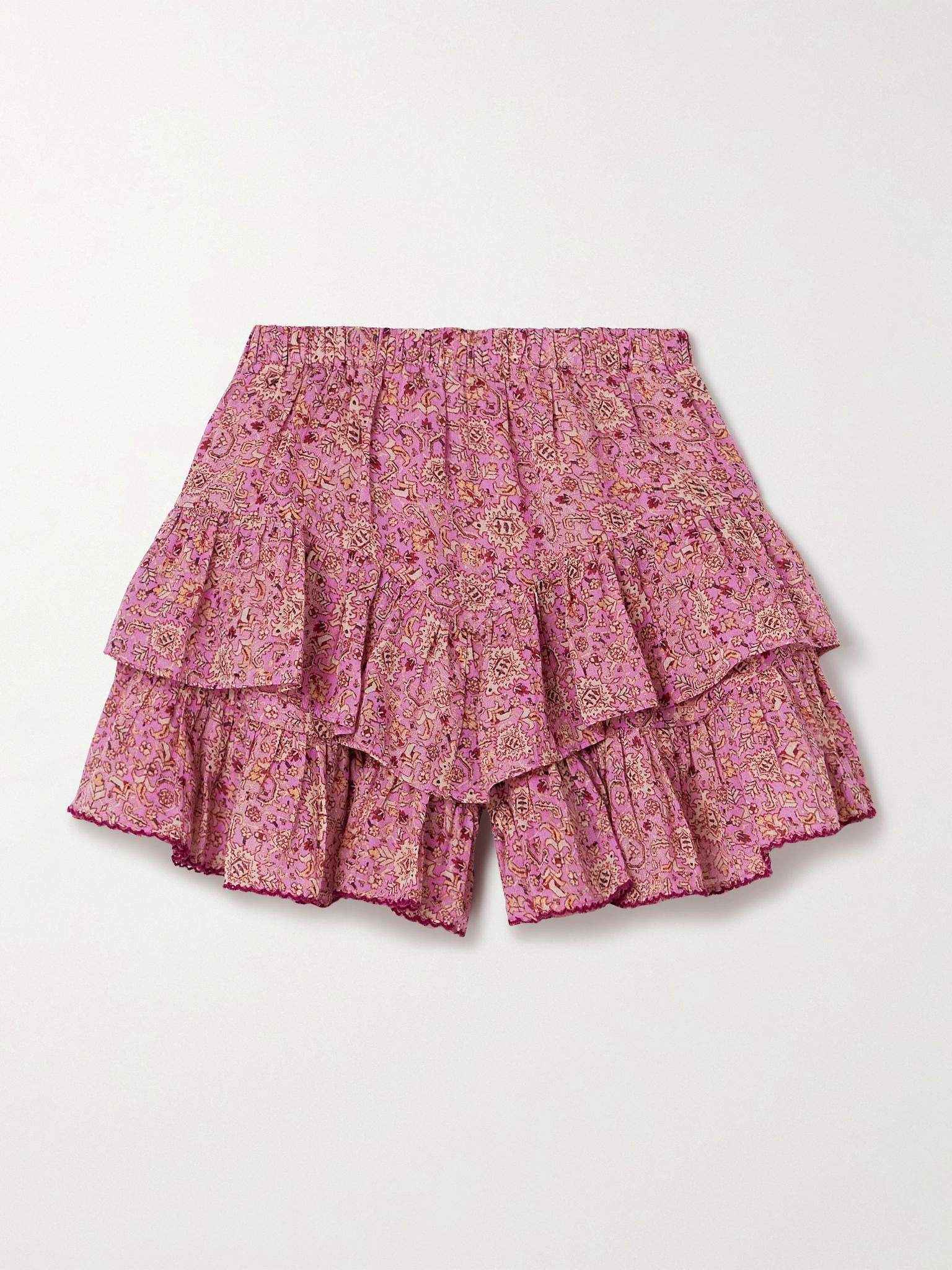 Jocadia tiered ruffled printed cotton-gauze shorts Pink - 1