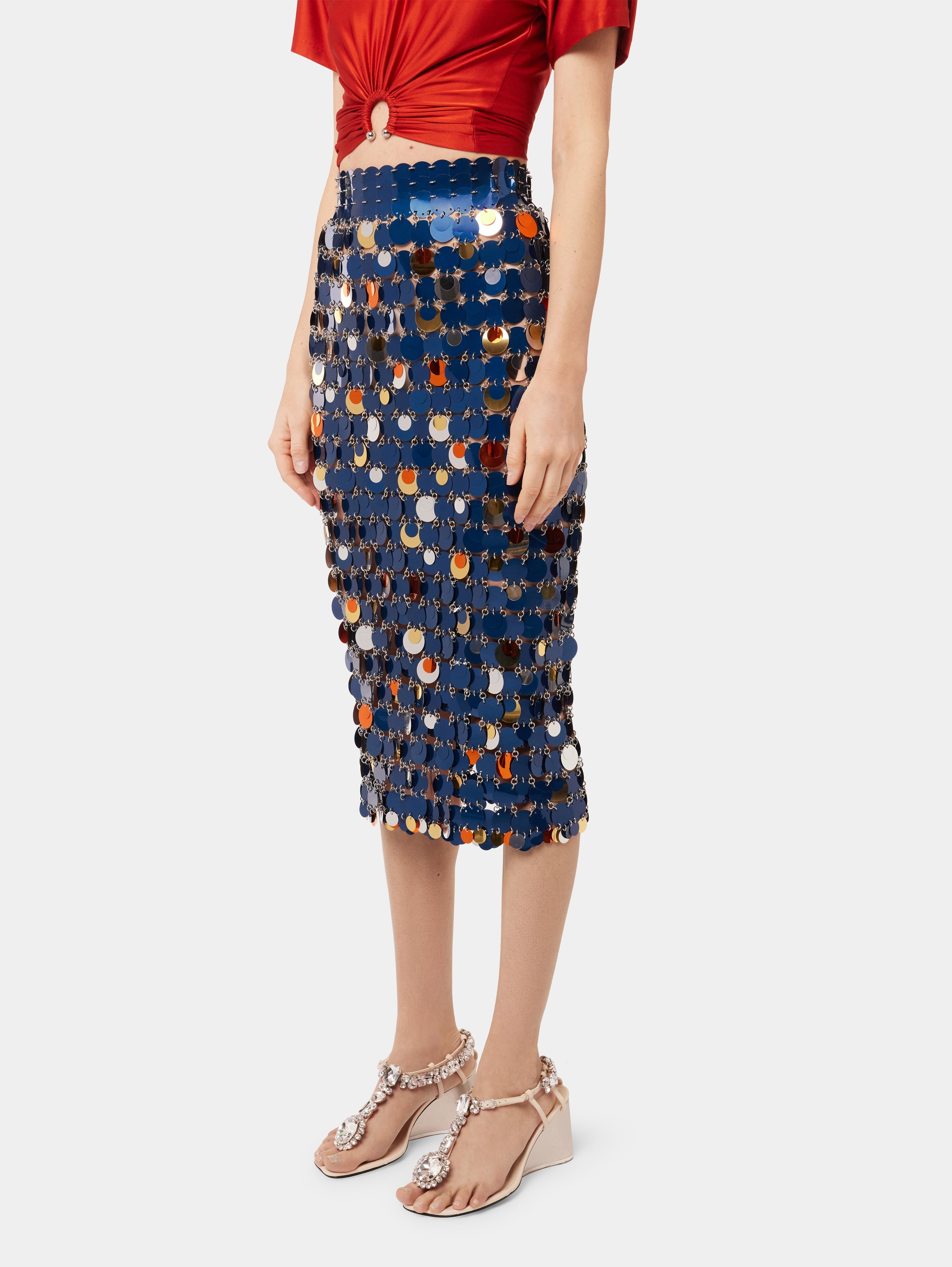 Paco Rabanne BLUE LONG SKIRT WITH SPARKLES ASSEMBLY | REVERSIBLE