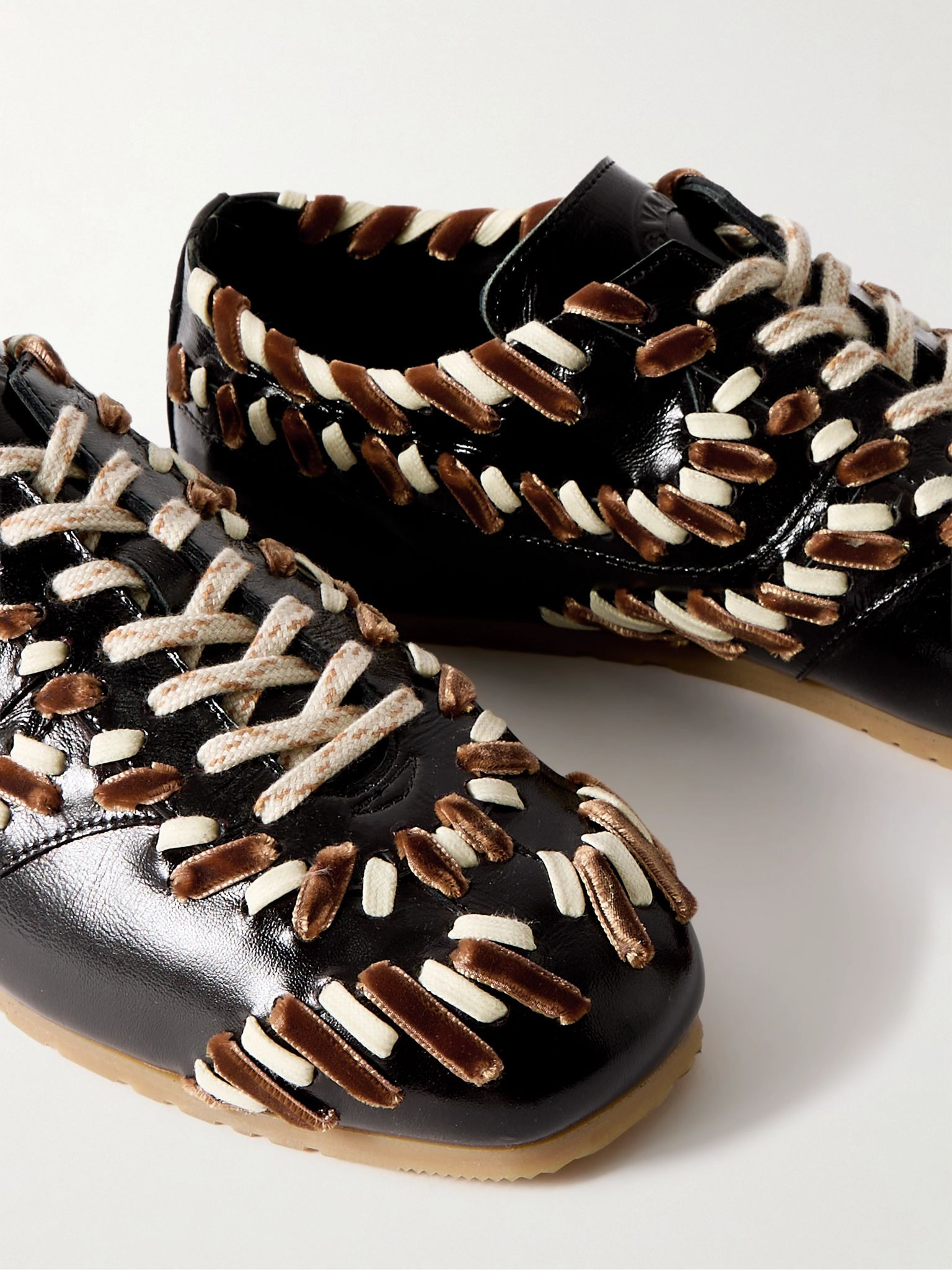 Cord and velvet-trimmed glossed-leather sneakers Dark brown - 4