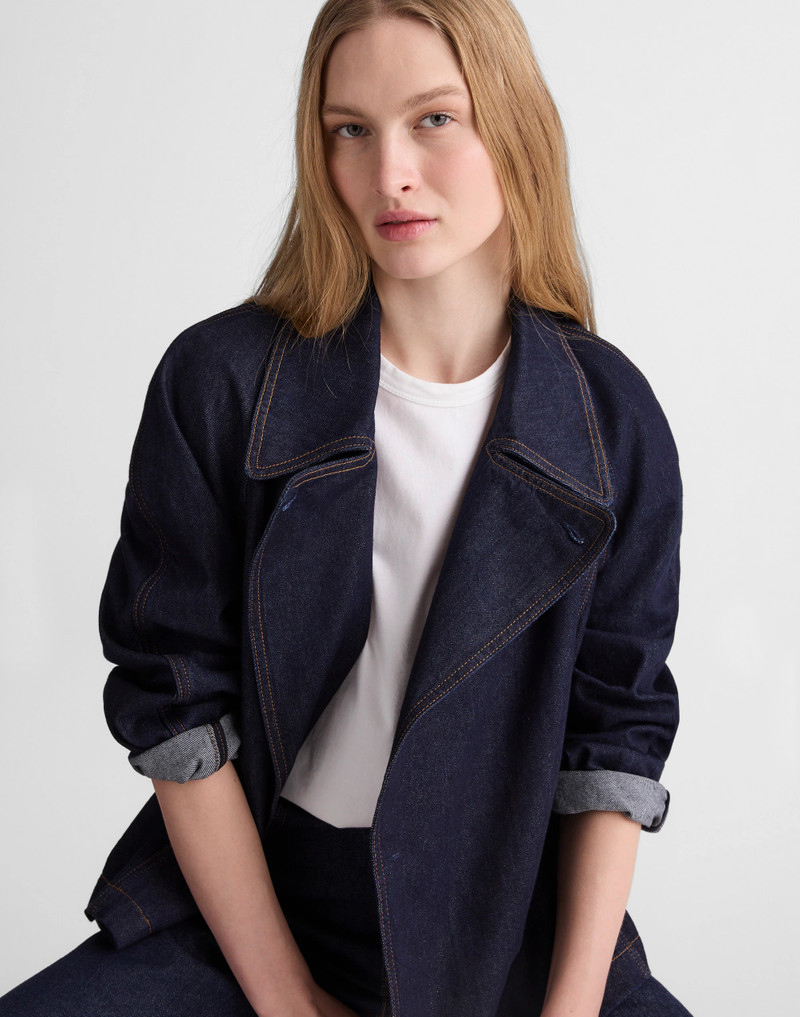 Denim Double-Breasted Crop Trench Coat 2