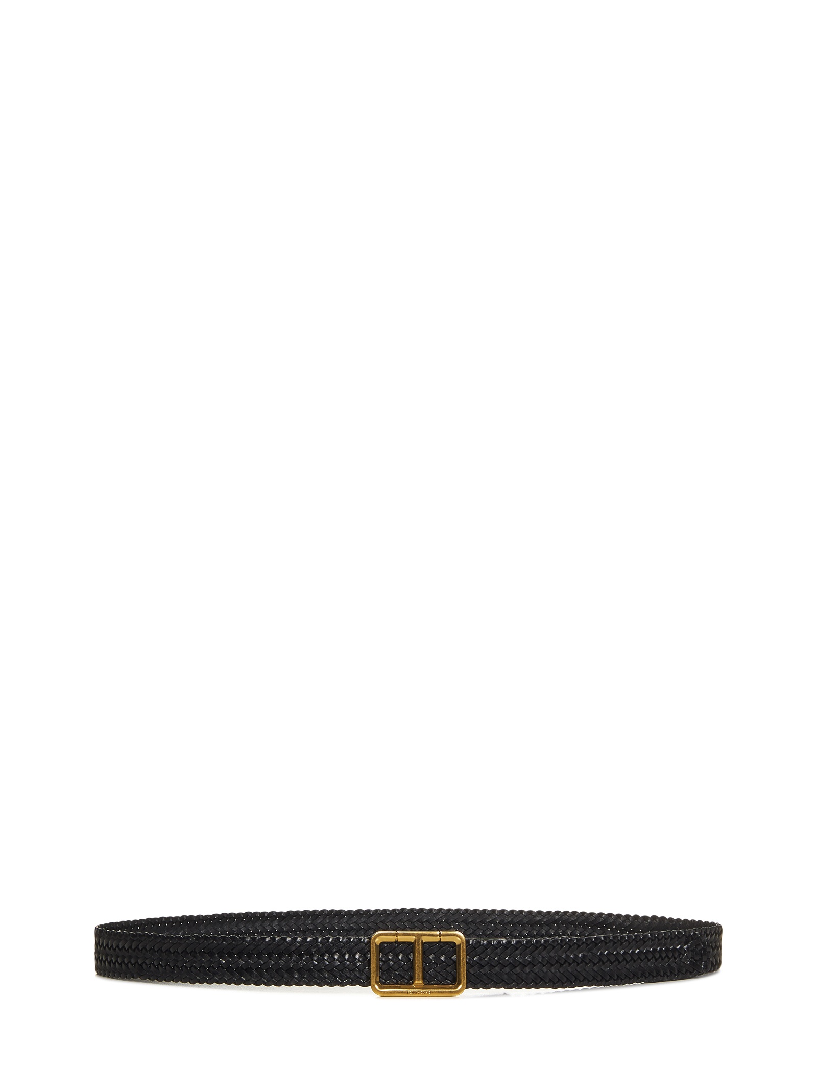 Black woven calfskin belt with golden metal T-shaped buckle. - 1