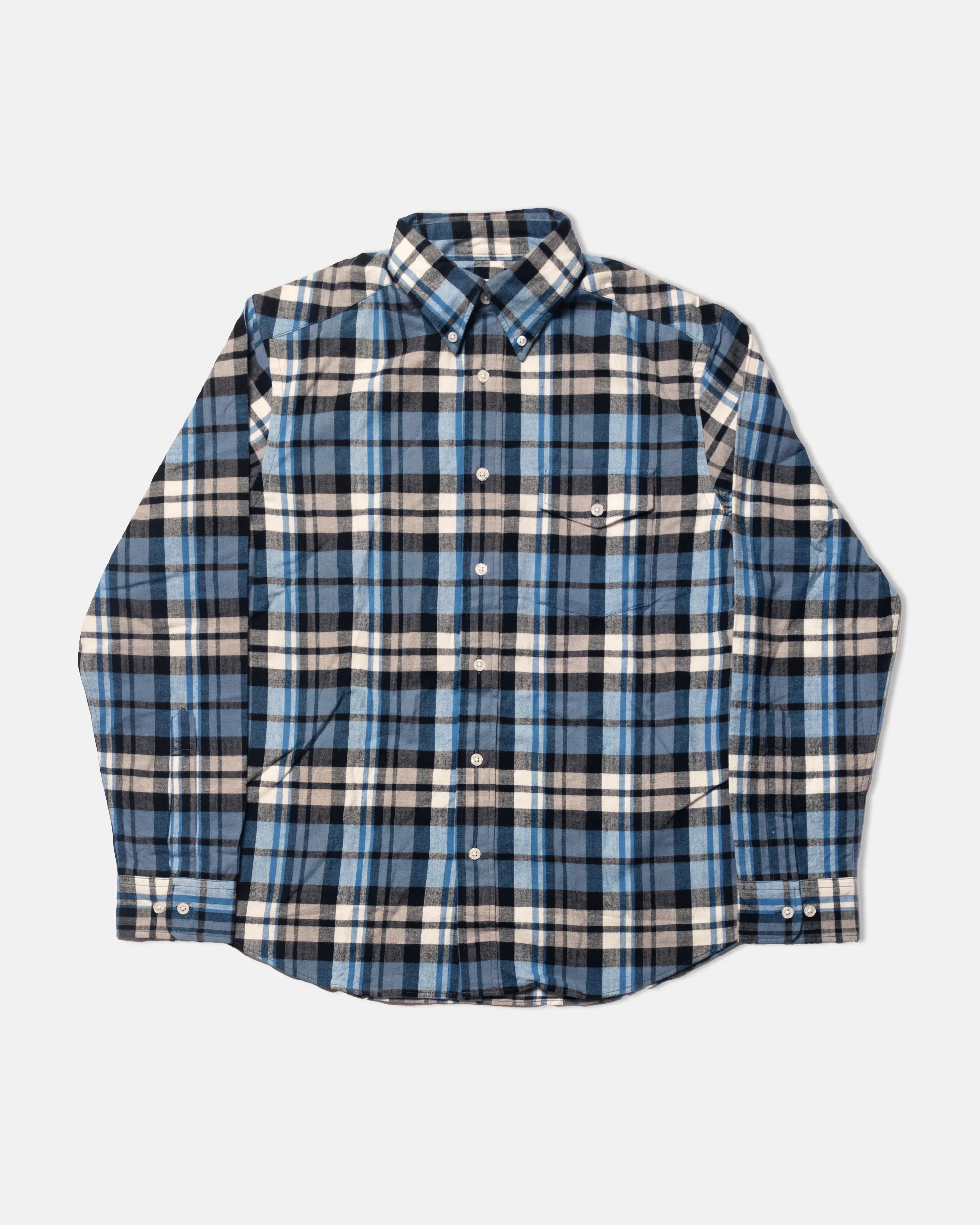 BLUE & CREAM PLAID COTTON FLANNEL SPORT SHIRT - TRIM FIT - 1