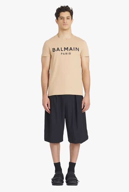 Nude eco-designed cotton T-shirt with black Balmain Paris logo print - 4