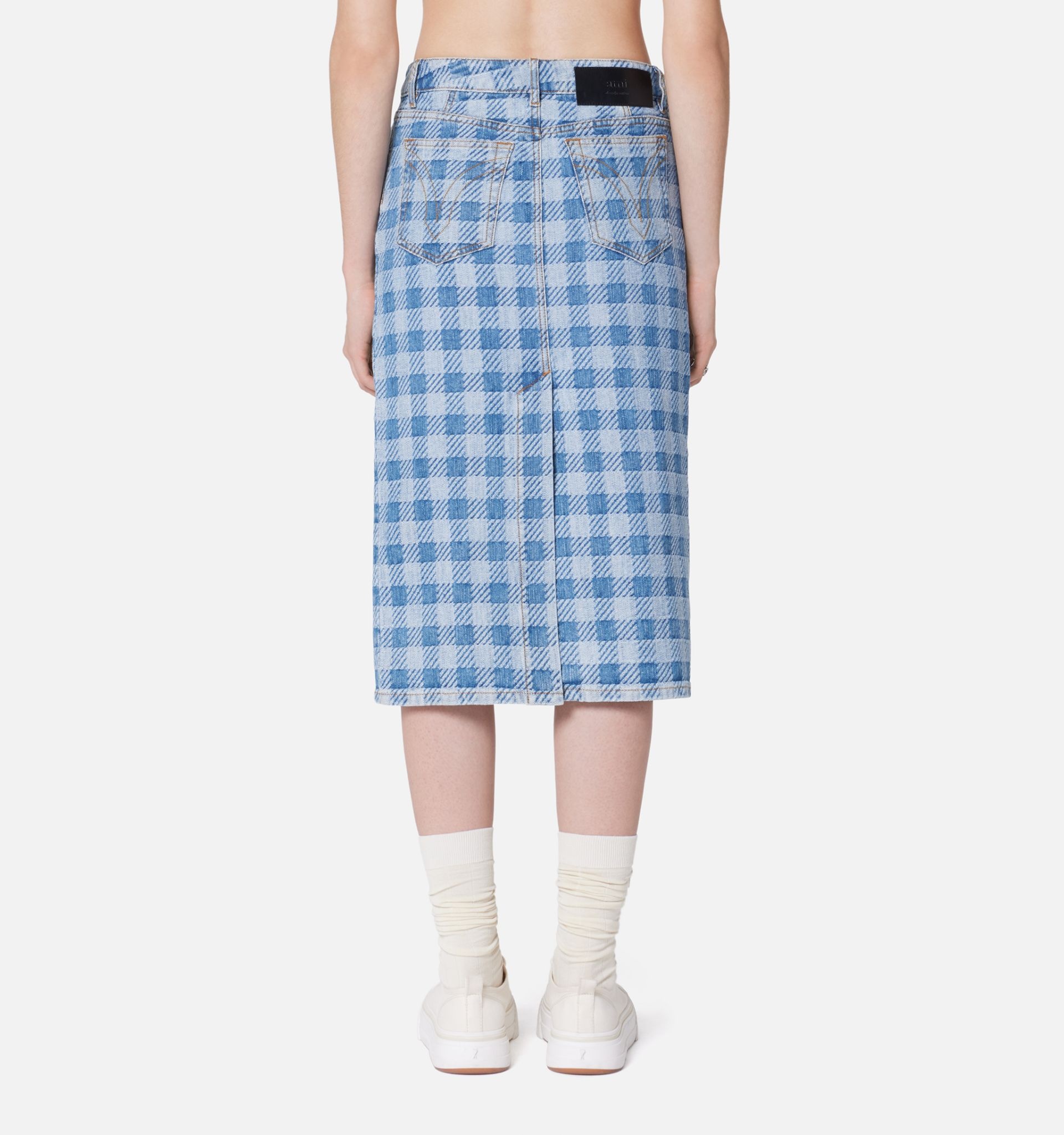 Gingham Pattern Jacquard Denim Pencil Skirt - 6