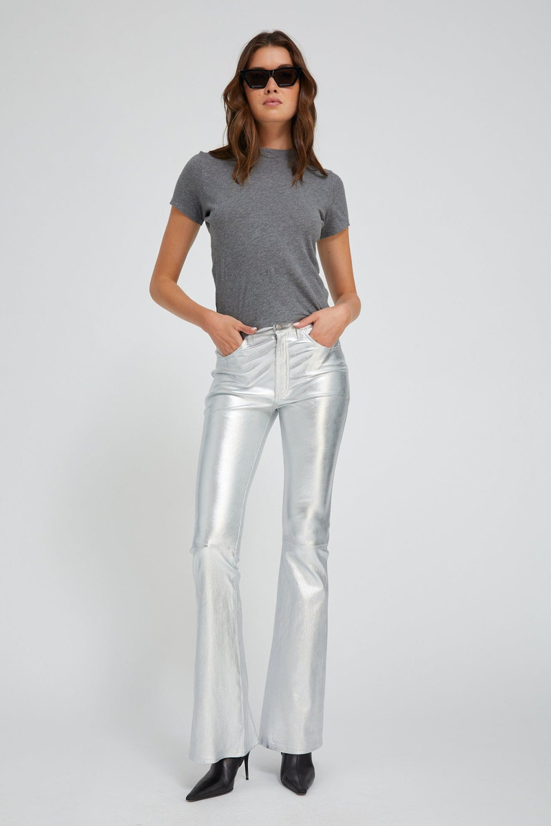 METALLIC SILVER LEATHER 5 POCKET MICRO FLARE 1