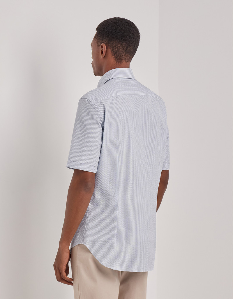 GREEN AND WHITE STRIPED SEERSUCKER COTTON SLIM-FIT SHIRT 3